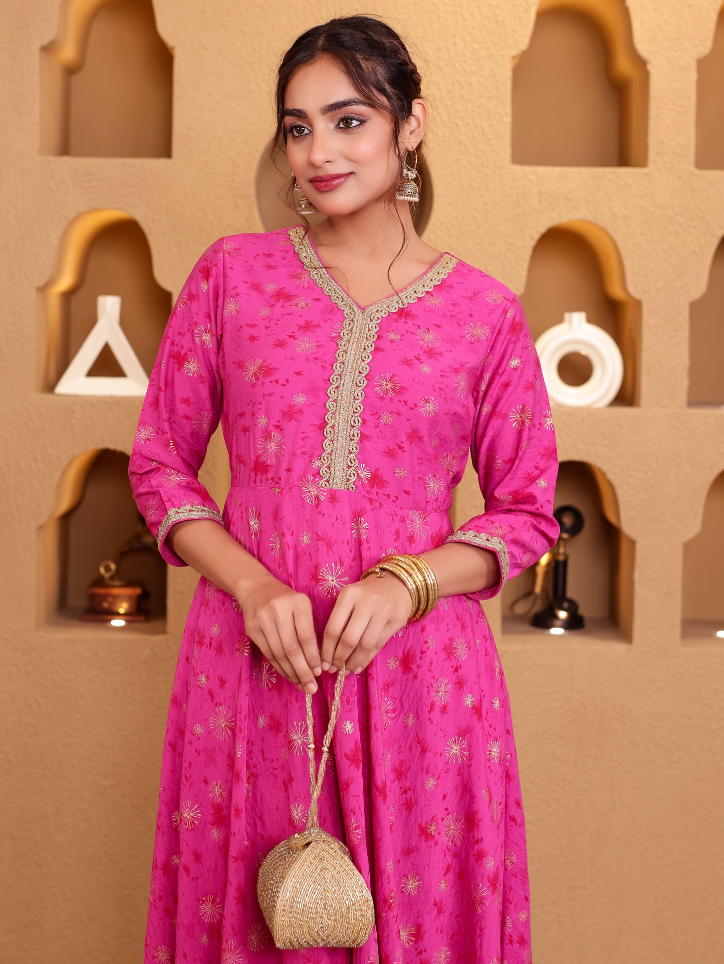 Viscose Gold foil Anarkali Pink Kurta