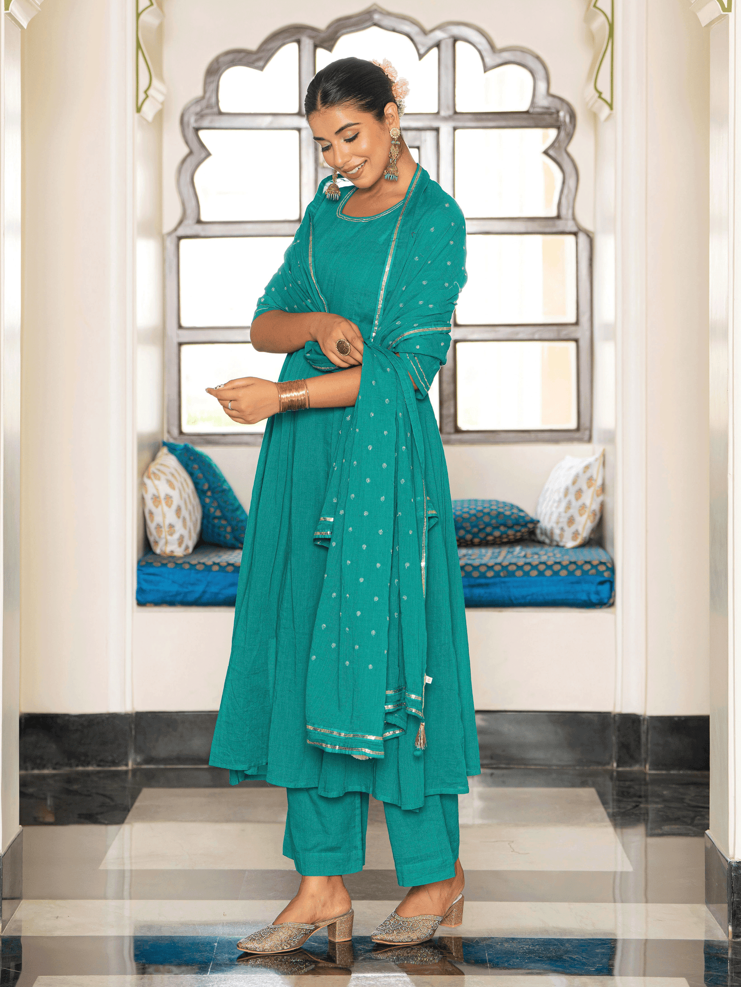 Embroidered Cotton Voile Solid Teal Dupatta