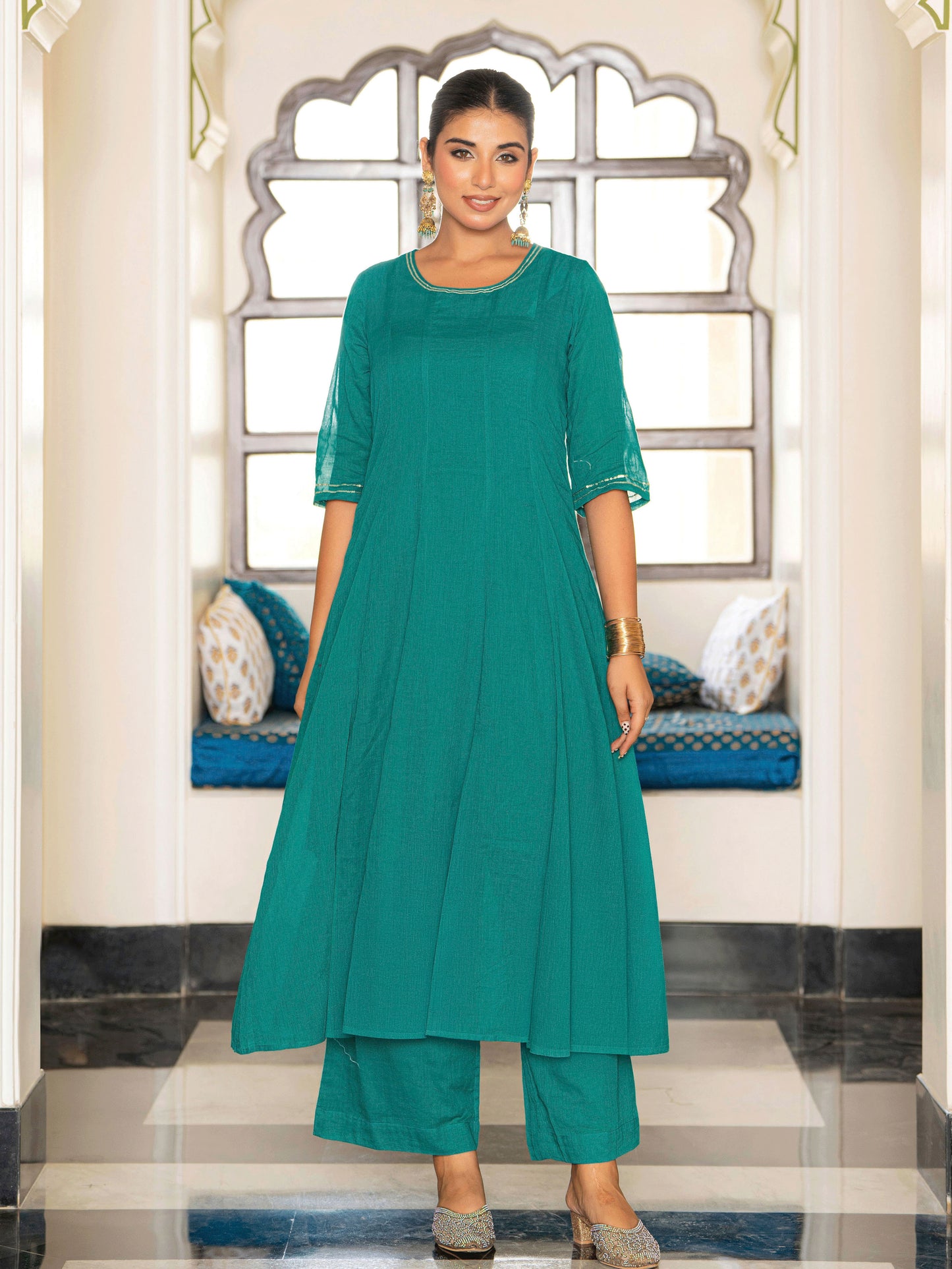 Embroidered Cotton Voile Solid Anarkali Teal Kurta