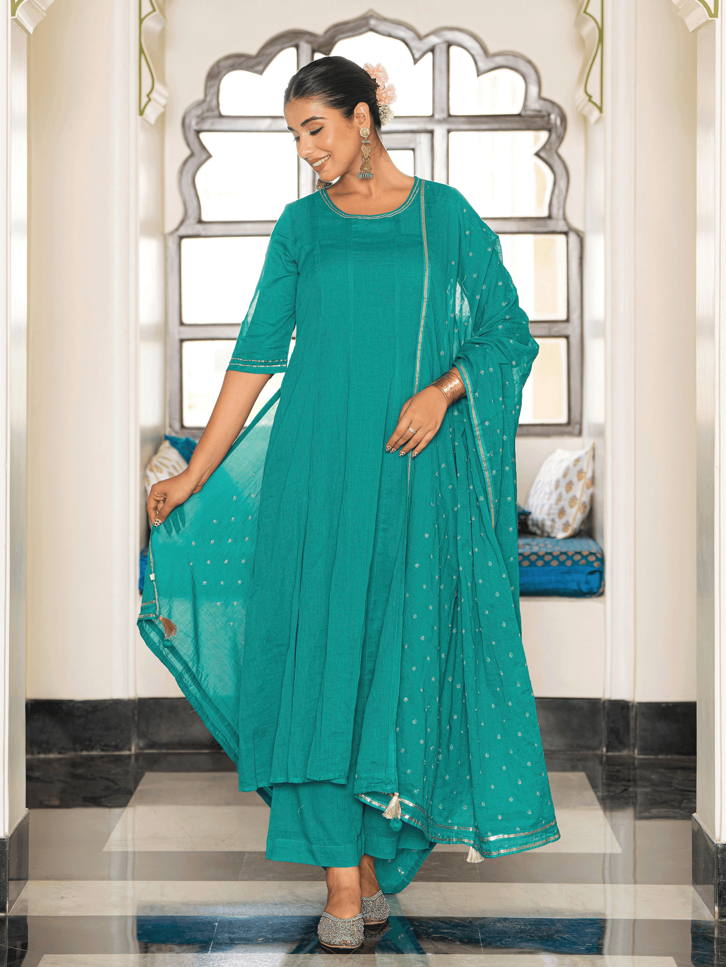 Embroidered Cotton Voile Solid Anarkali Teal Kurta