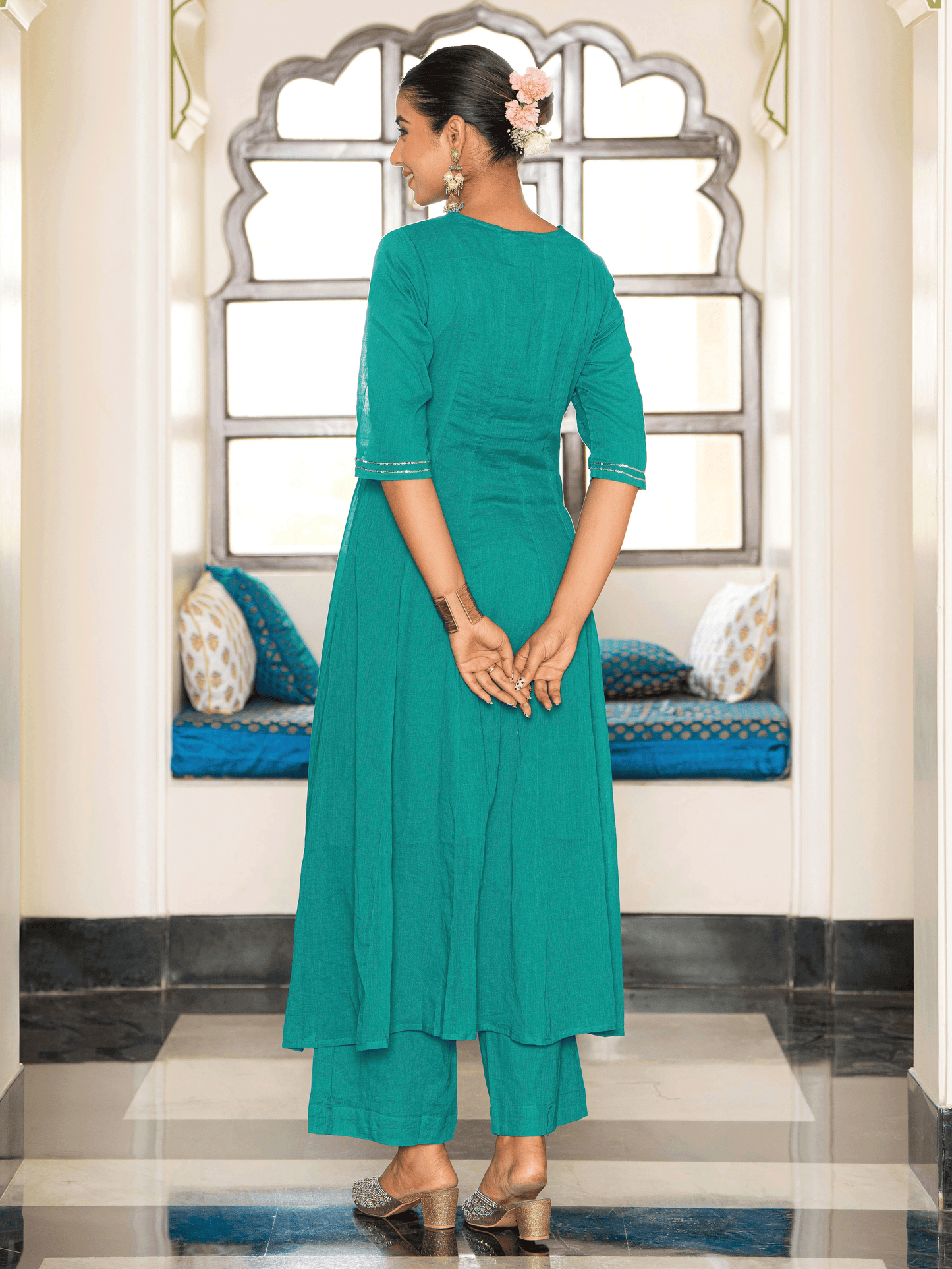 Embroidered Cotton Voile Solid Anarkali Teal Kurta