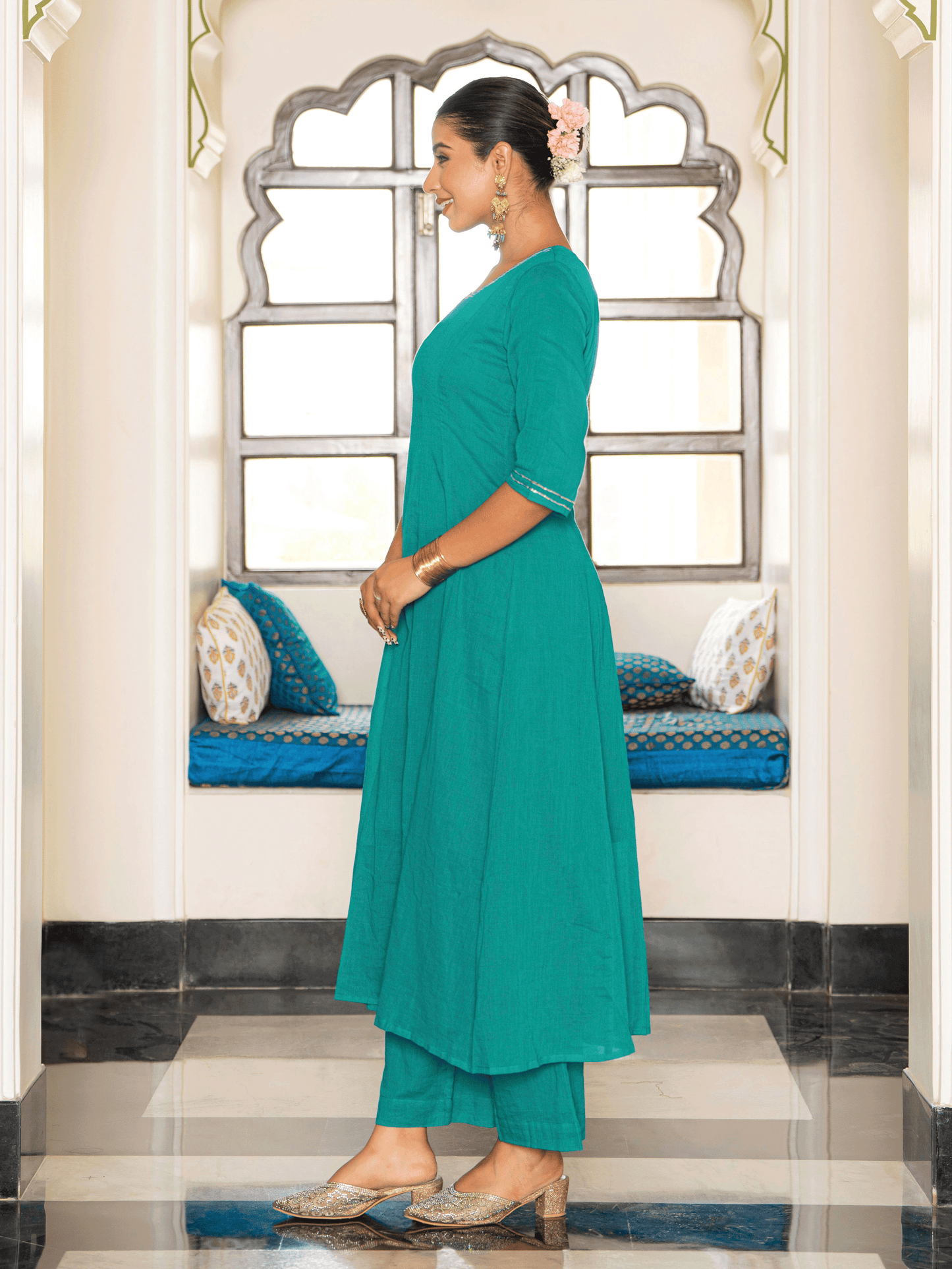 Embroidered Cotton Voile Solid Anarkali Teal Kurta