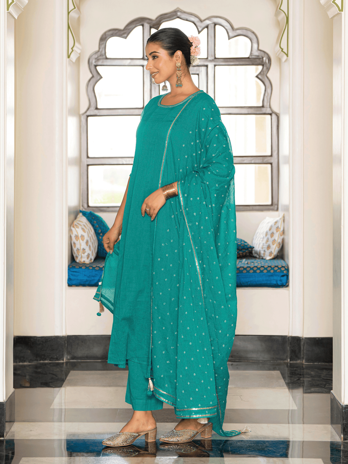 Embroidered Cotton Voile Solid Anarkali Teal Kurta