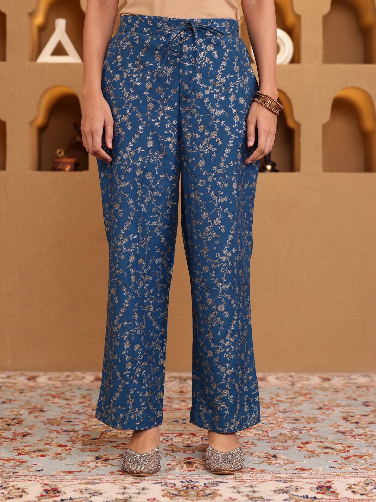Chinon Gold foil Blue Straight Trousers