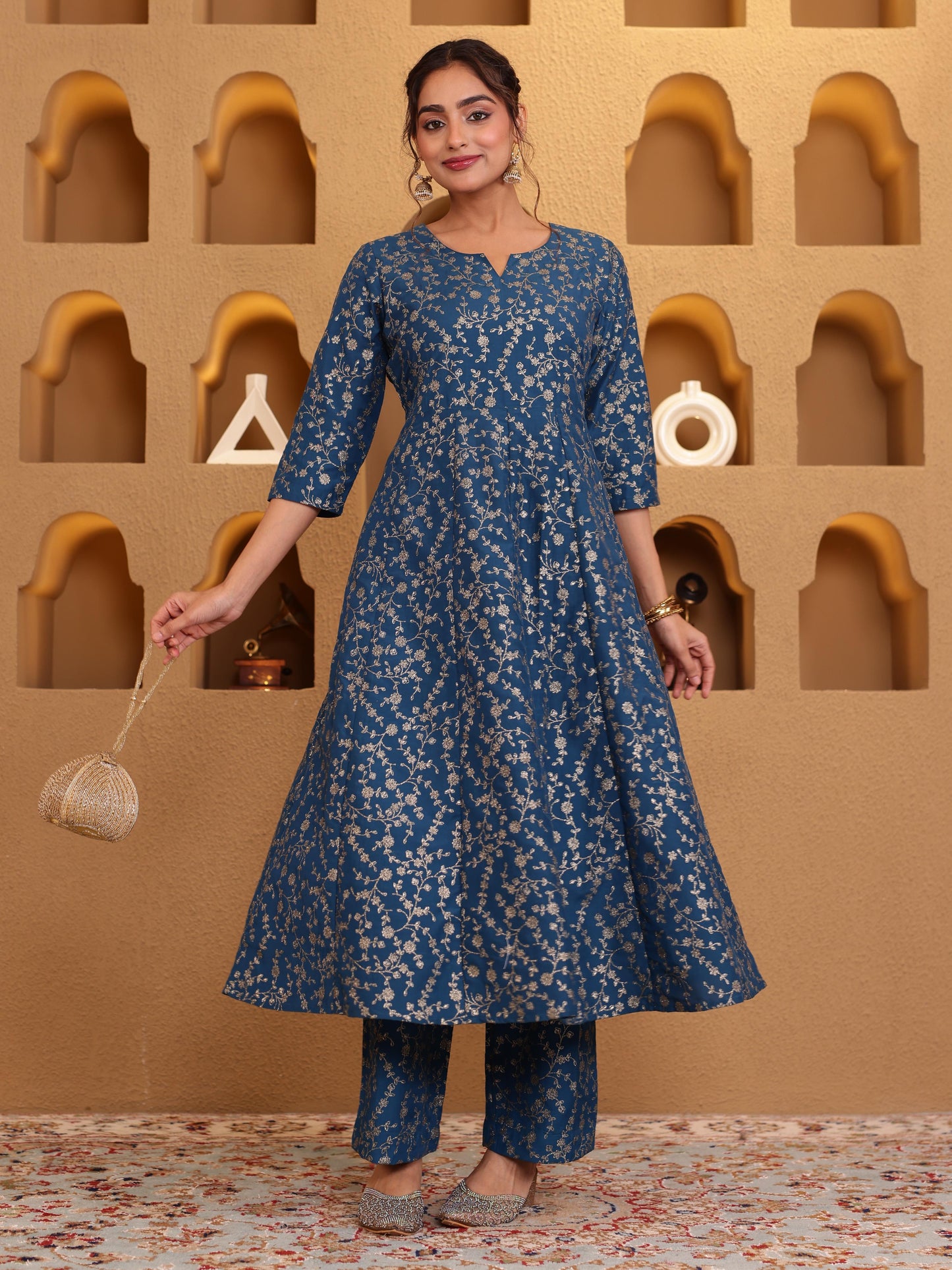 Chinon Gold foil Anarkali Blue Kurta