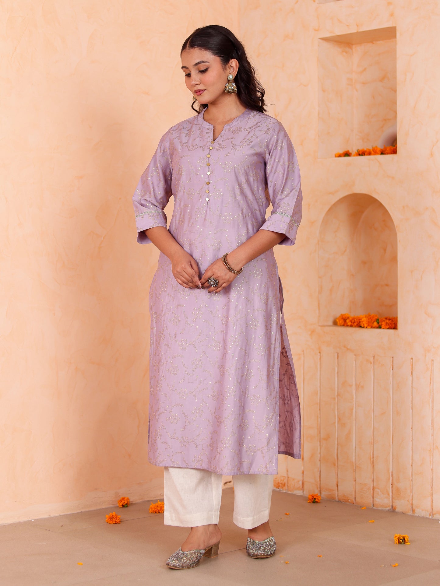 Blended Silk Jaal Straight Lavender Kurta