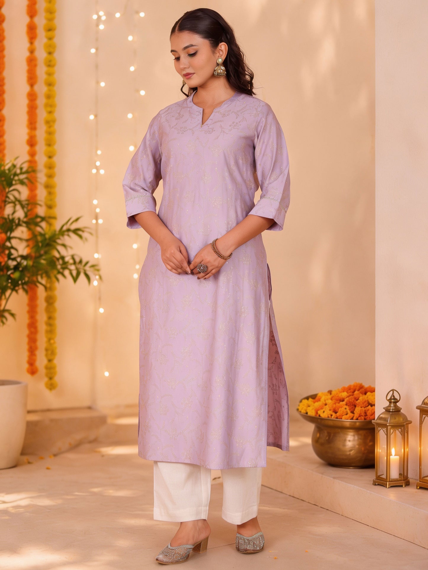 Blended Silk Jaal Straight Lavender Kurta