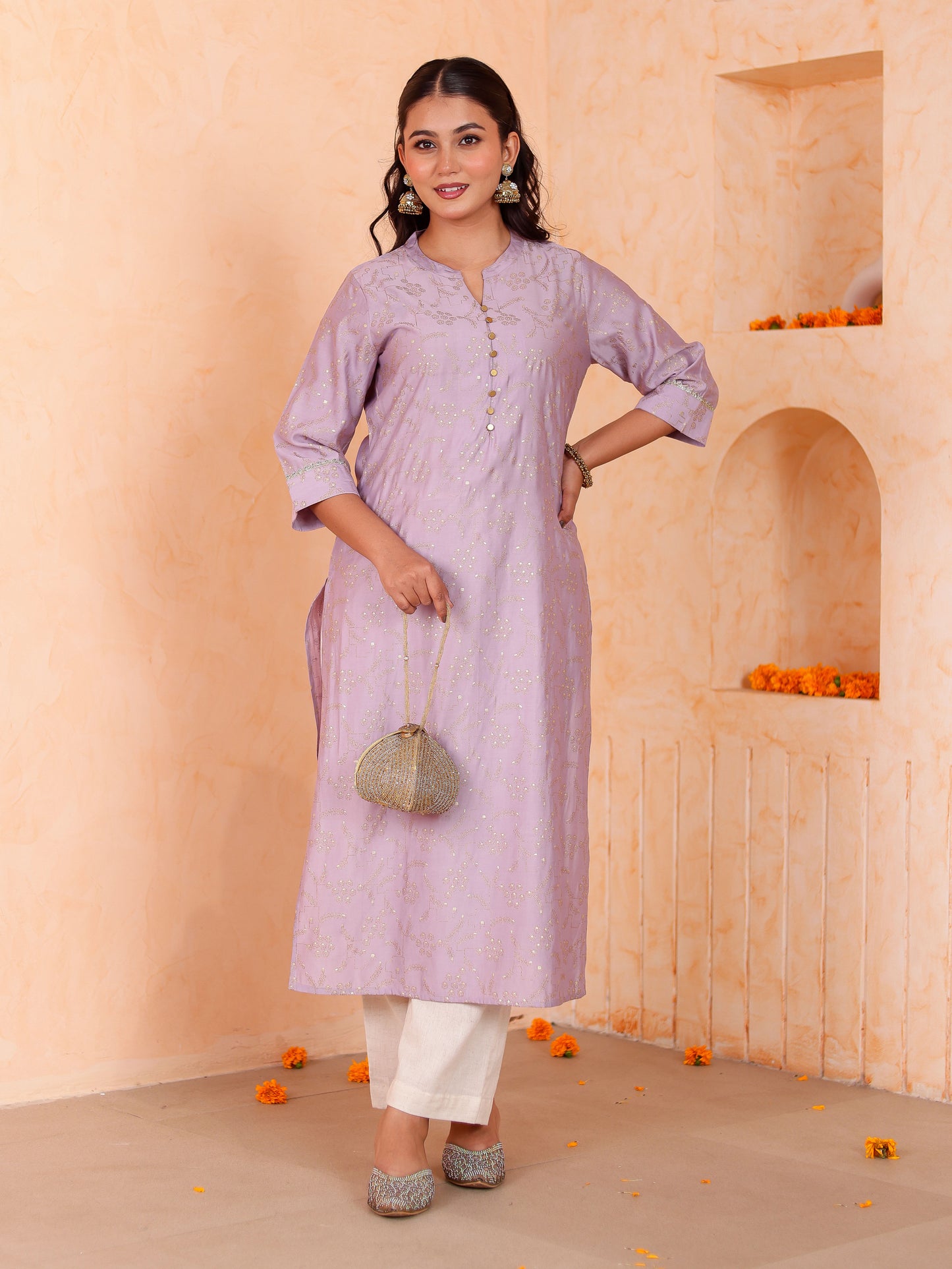 Blended Silk Jaal Straight Lavender Kurta