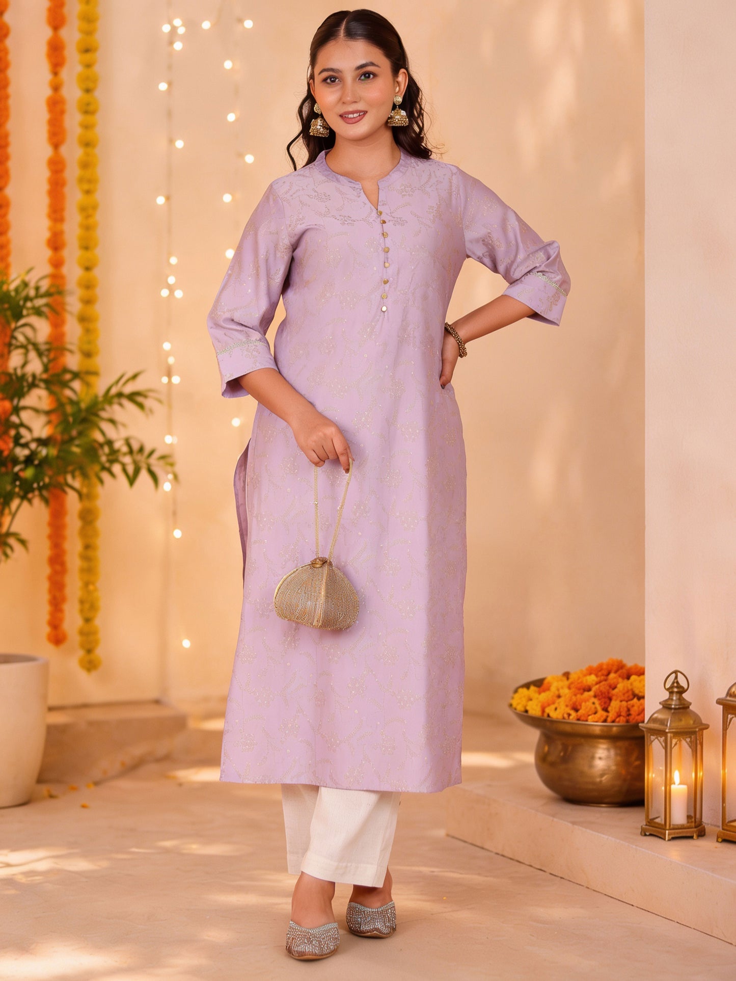 Blended Silk Jaal Straight Lavender Kurta