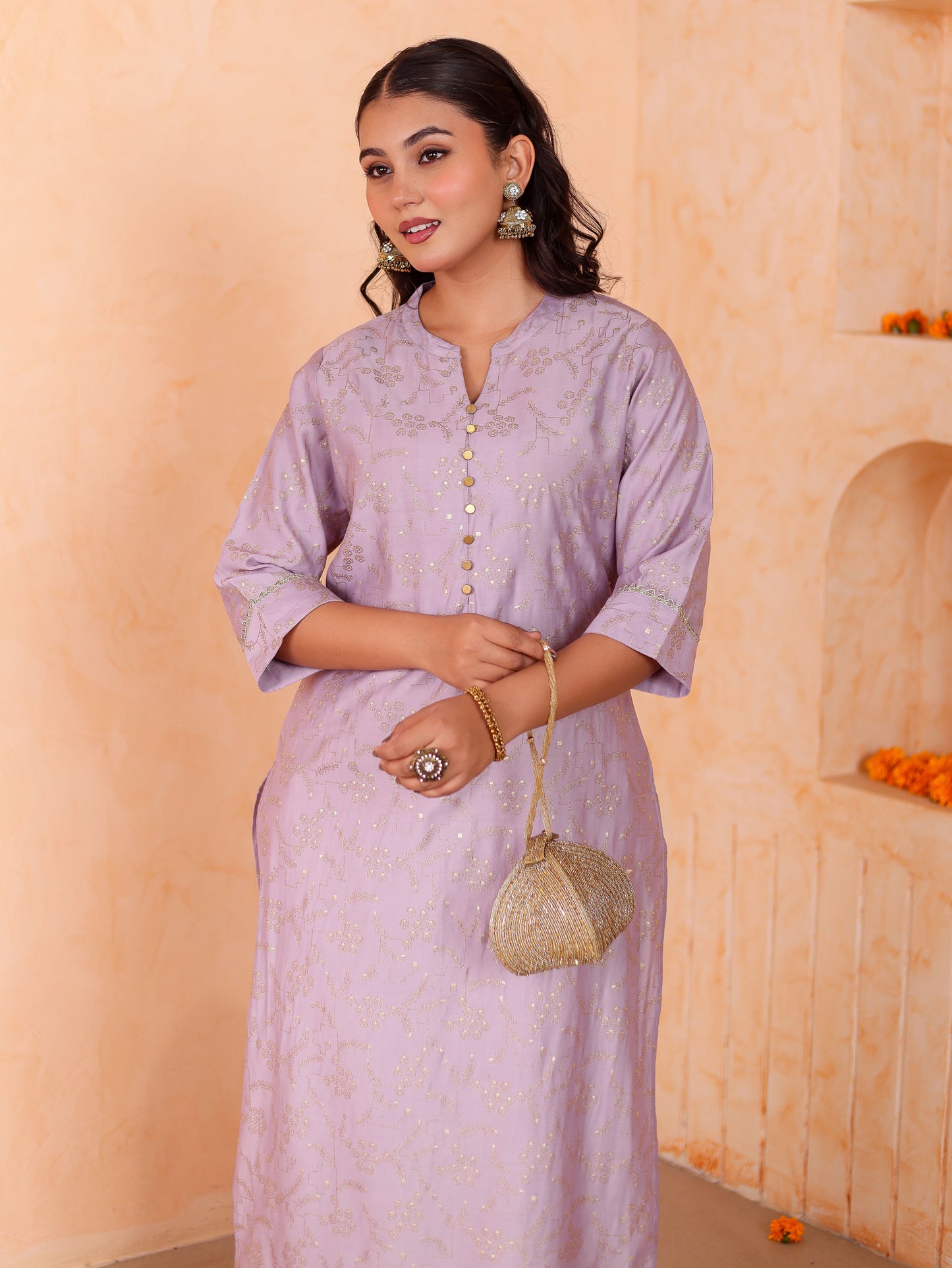 Blended Silk Jaal Straight Lavender Kurta