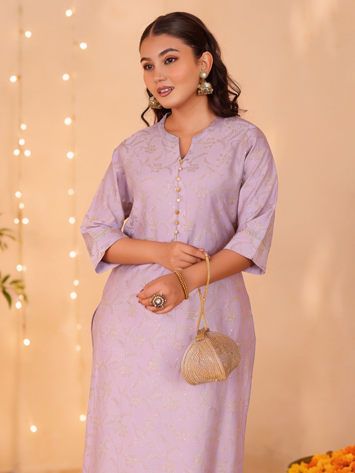 Blended Silk Jaal Straight Lavender Kurta