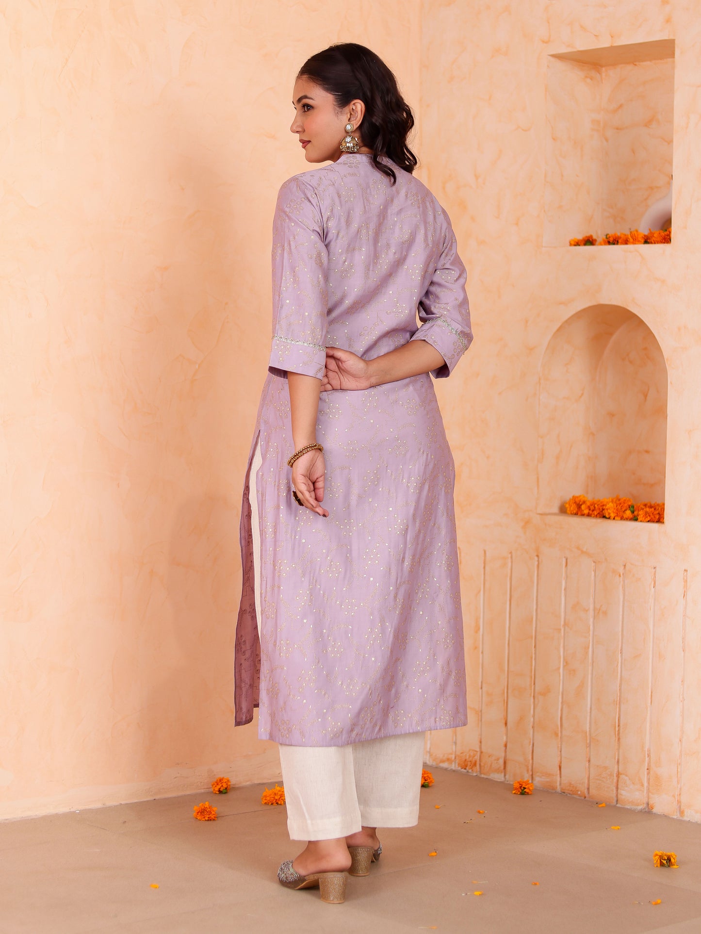 Blended Silk Jaal Straight Lavender Kurta
