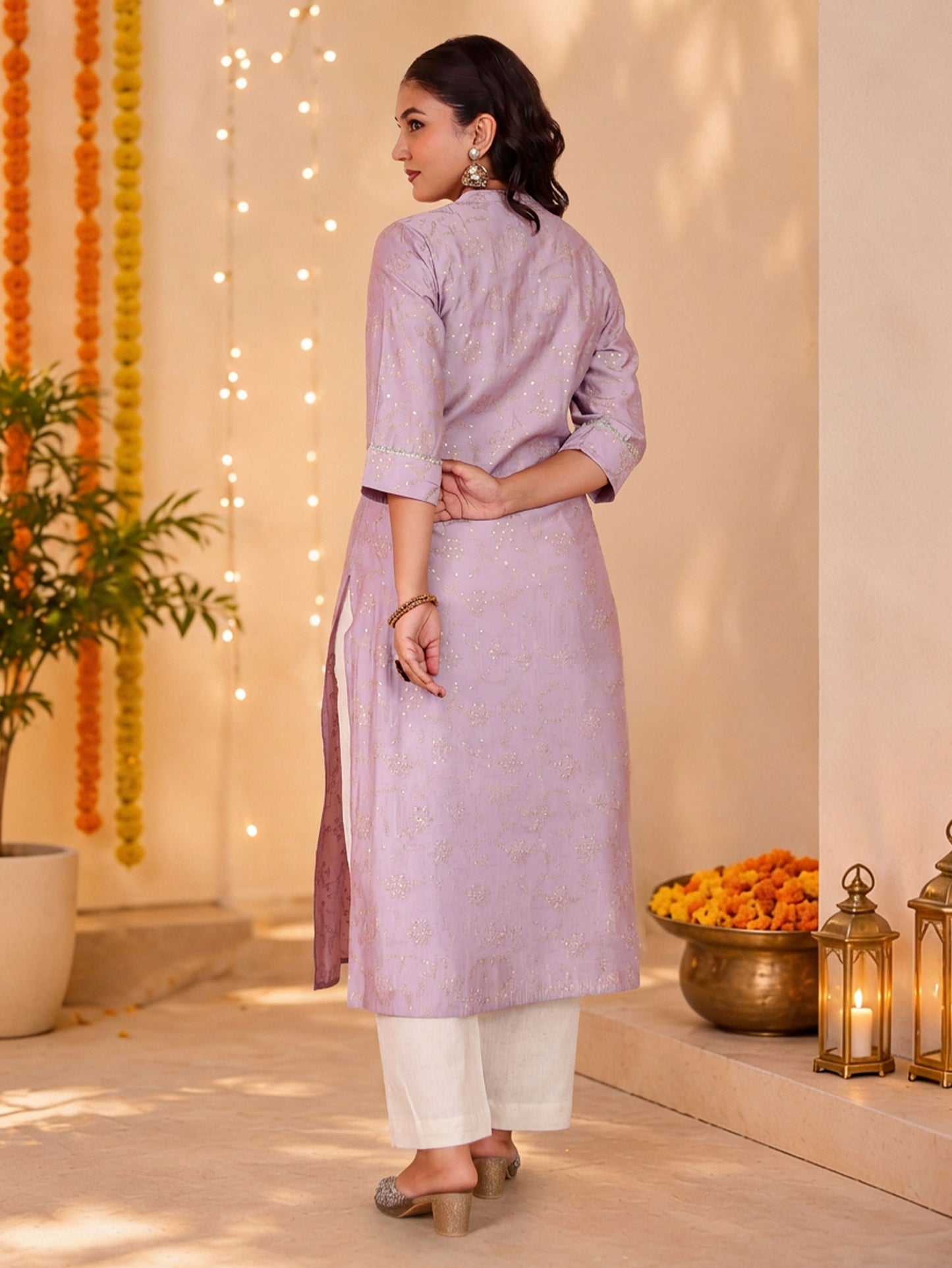 Blended Silk Jaal Straight Lavender Kurta