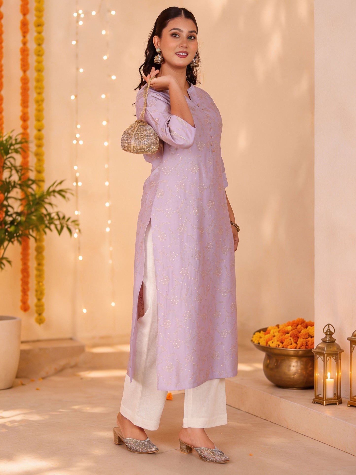Blended Silk Jaal Straight Lavender Kurta