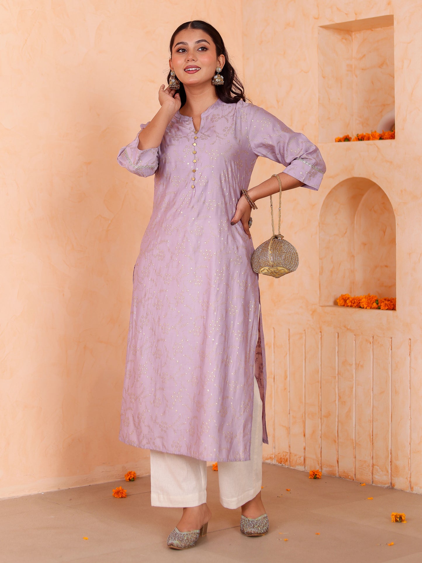 Blended Silk Jaal Straight Lavender Kurta