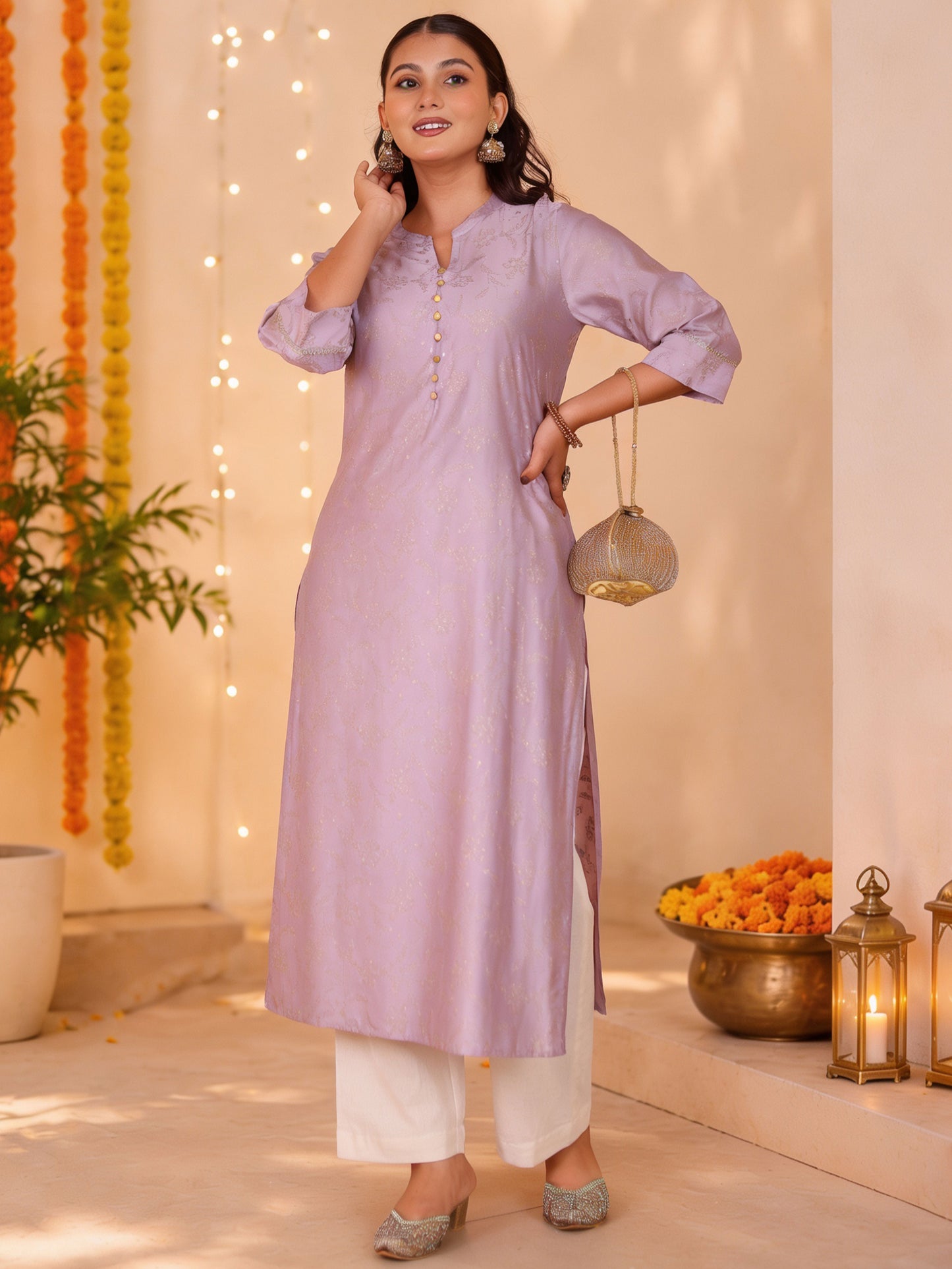 Blended Silk Jaal Straight Lavender Kurta