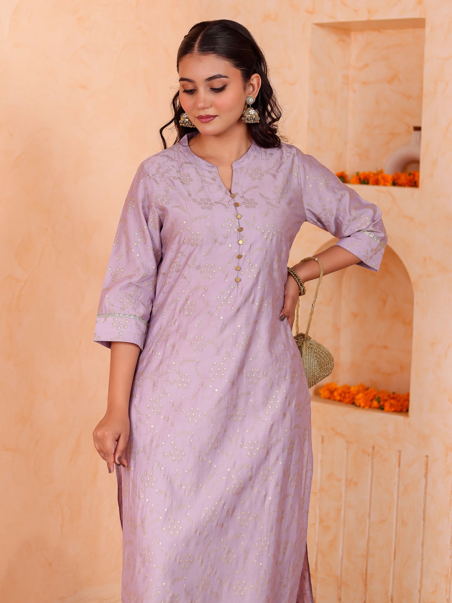 Blended Silk Jaal Straight Lavender Kurta