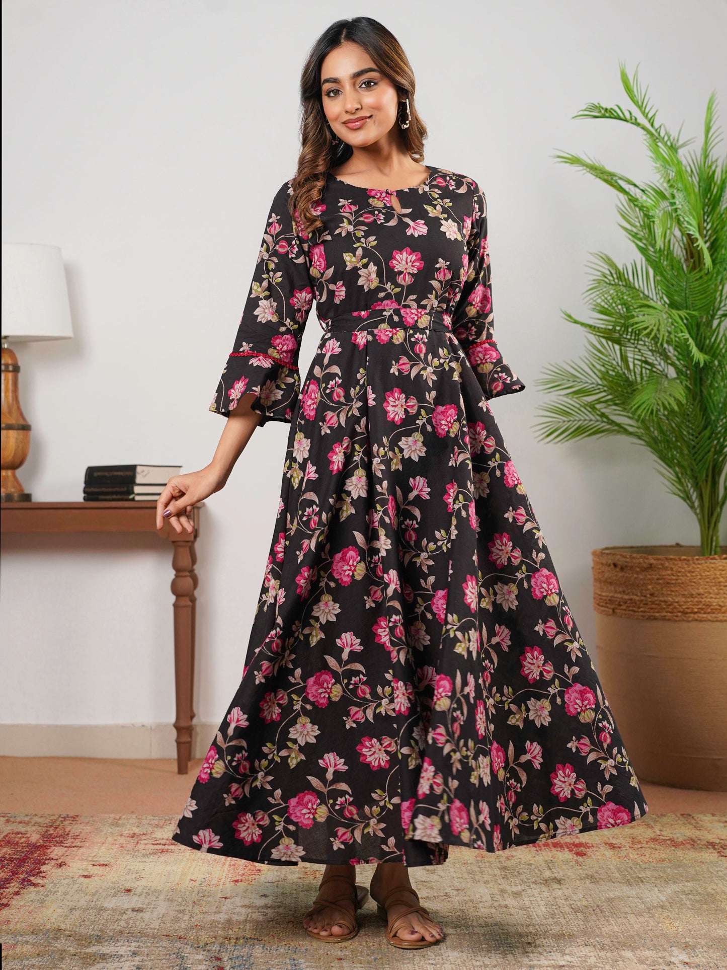 Soft Cotton Floral Anarkali Black Dress