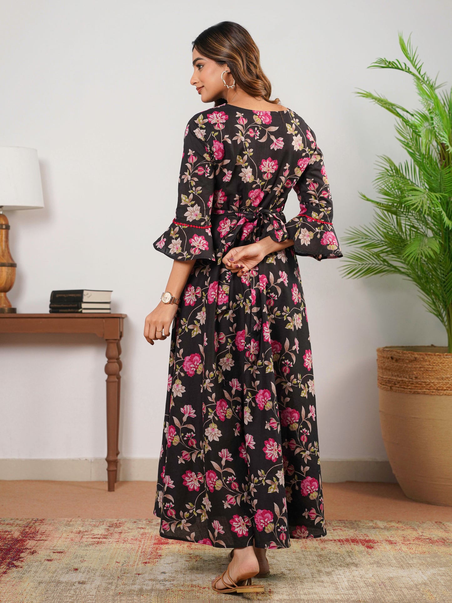 Soft Cotton Floral Anarkali Black Dress