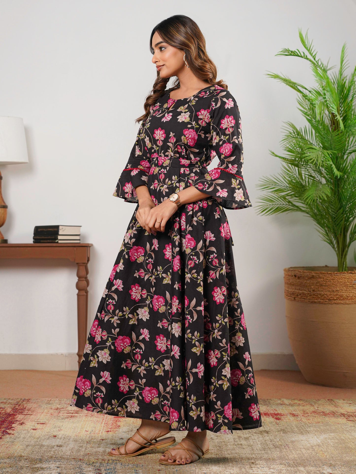 Soft Cotton Floral Anarkali Black Dress