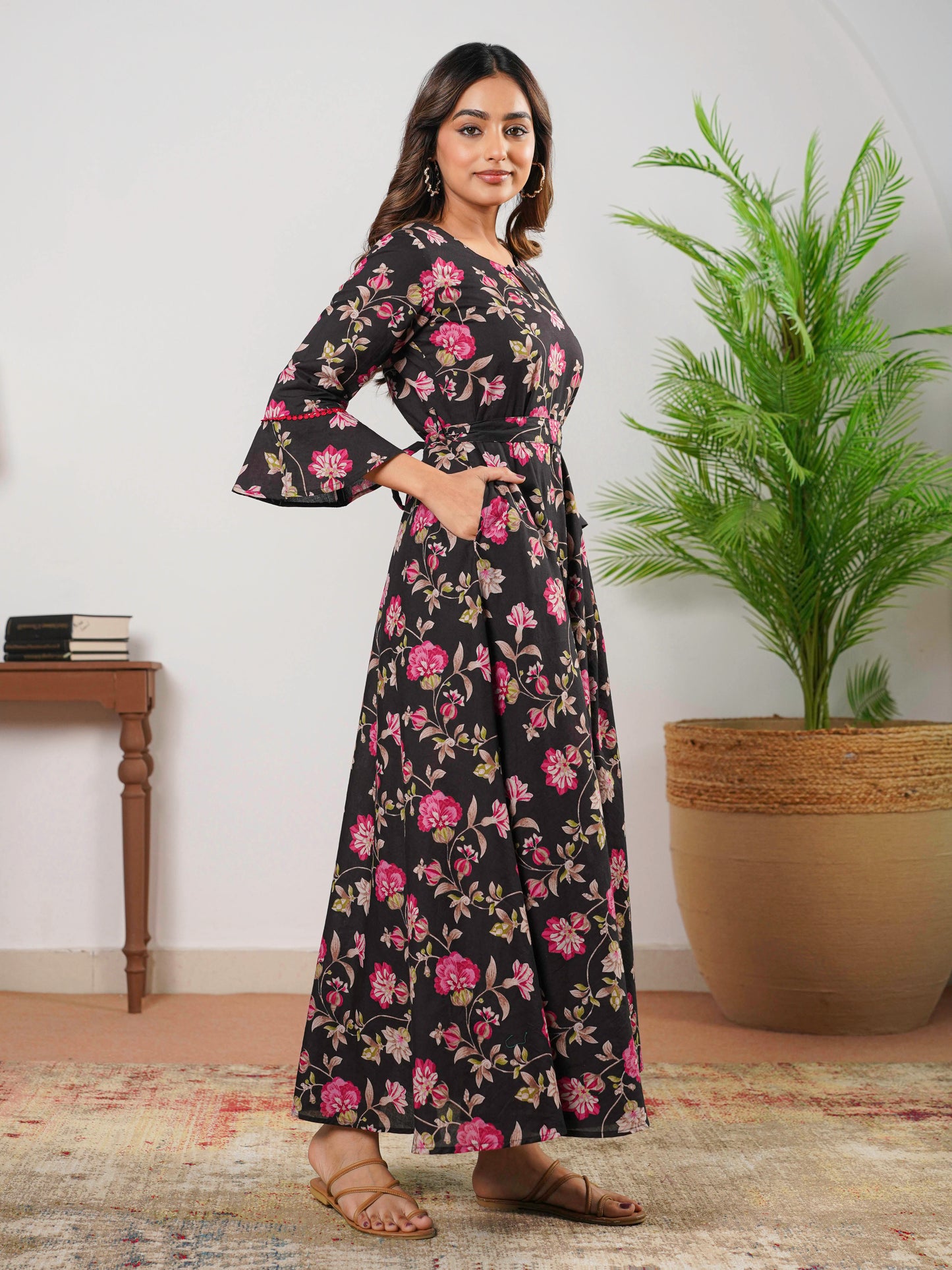 Soft Cotton Floral Anarkali Black Dress
