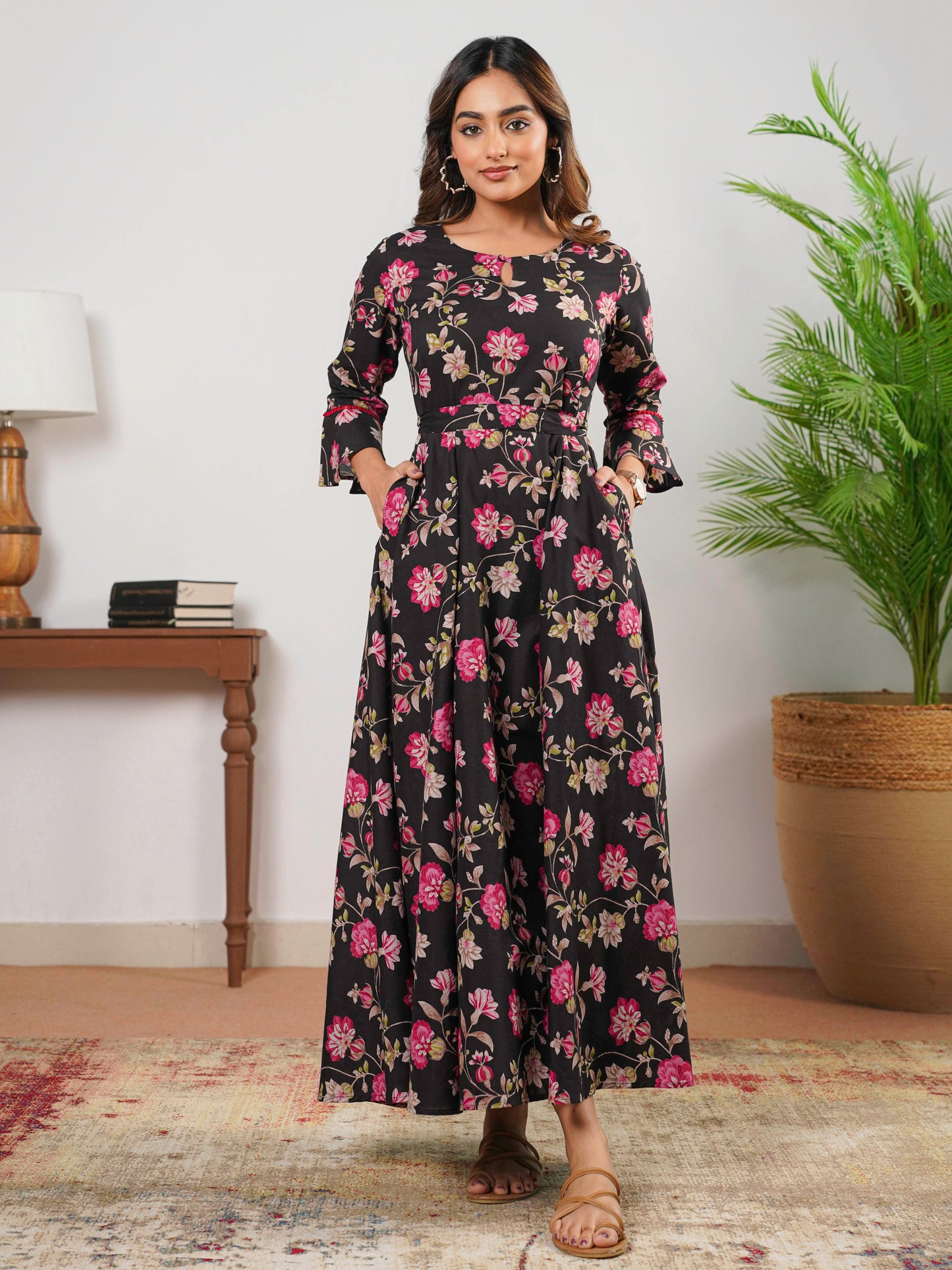 Soft Cotton Floral Anarkali Black Dress