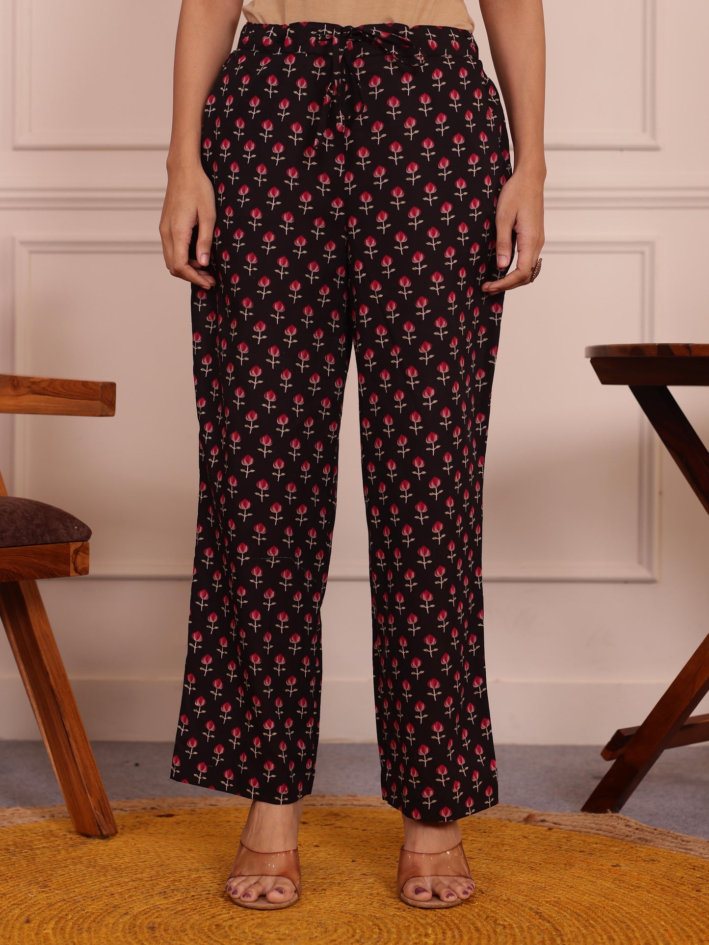 Soft Cotton Floral Black Straight Trousers