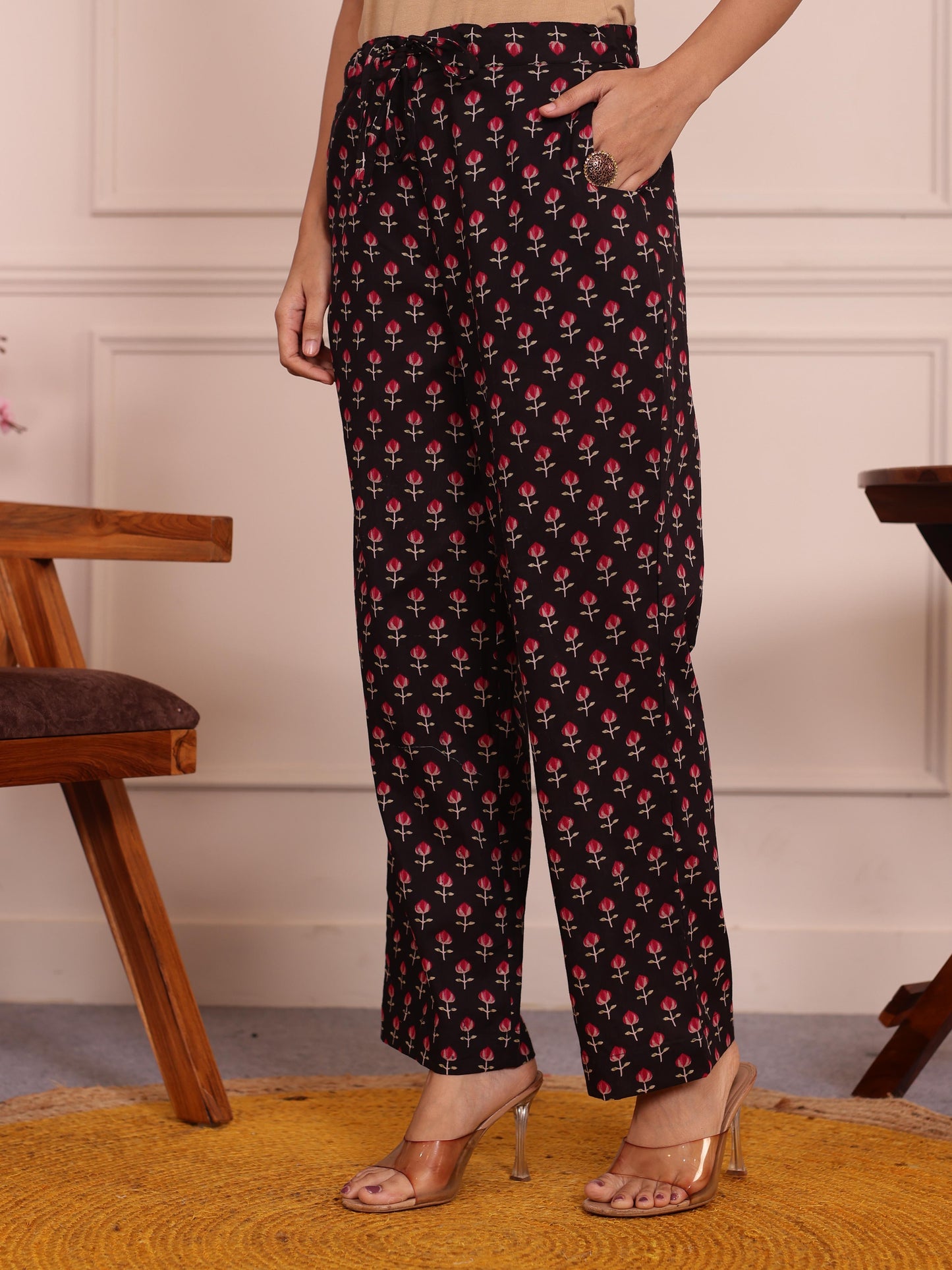 Soft Cotton Floral Black Straight Trousers