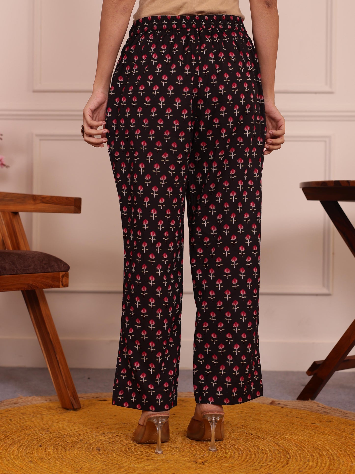 Soft Cotton Floral Black Straight Trousers