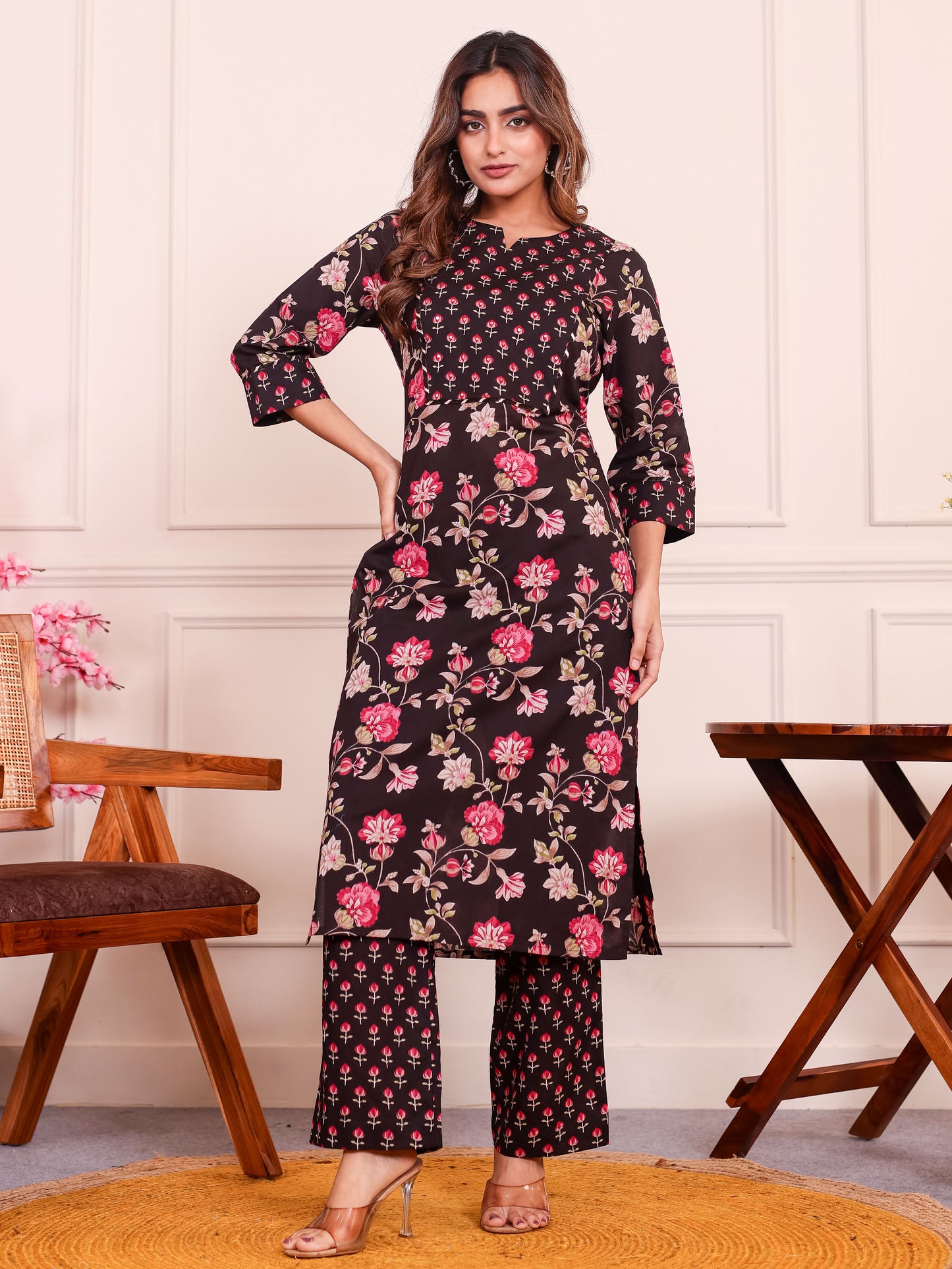 Embroidered Soft Cotton Floral Straight Black Kurta