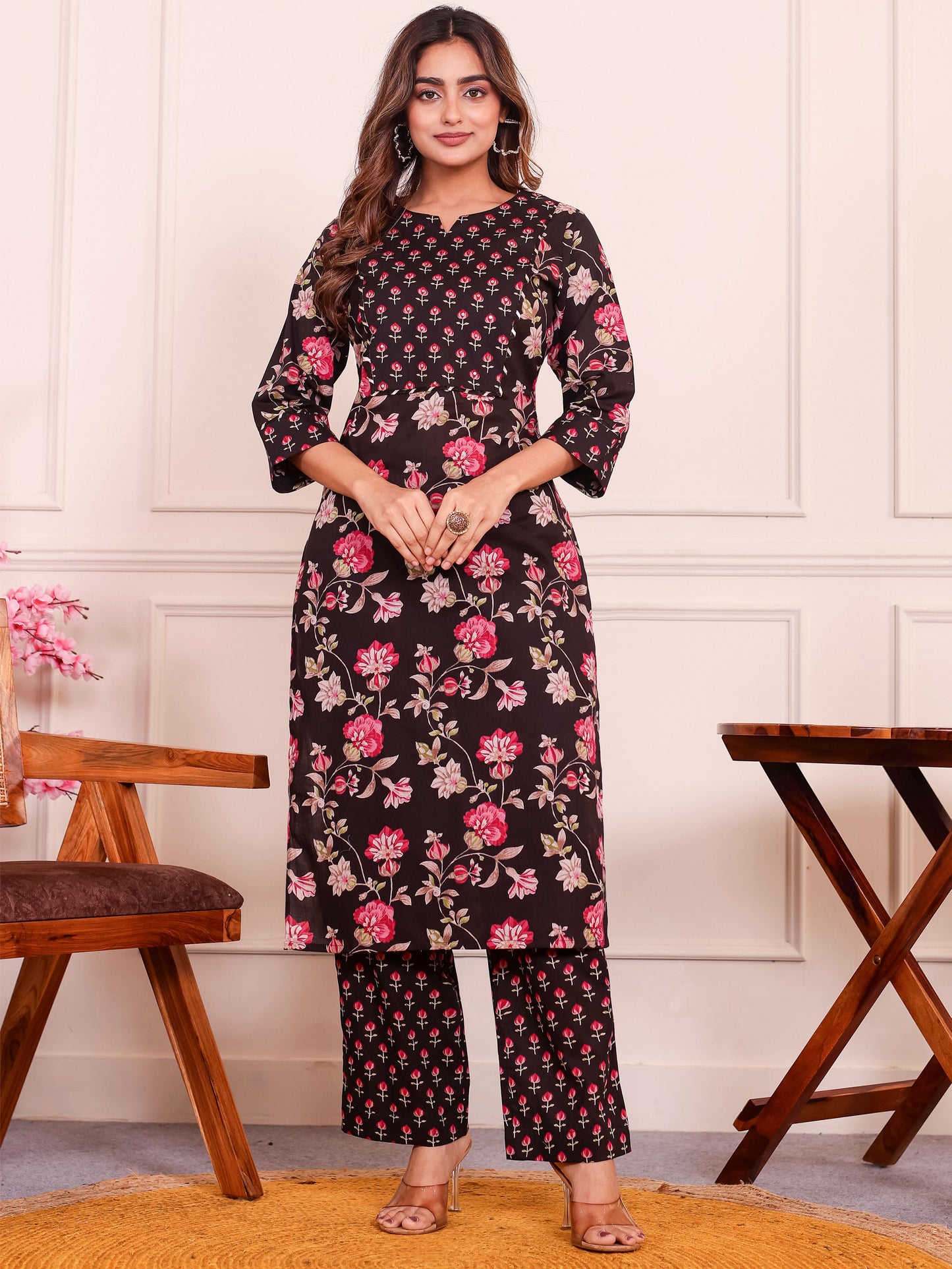 Embroidered Soft Cotton Floral Straight Black Kurta