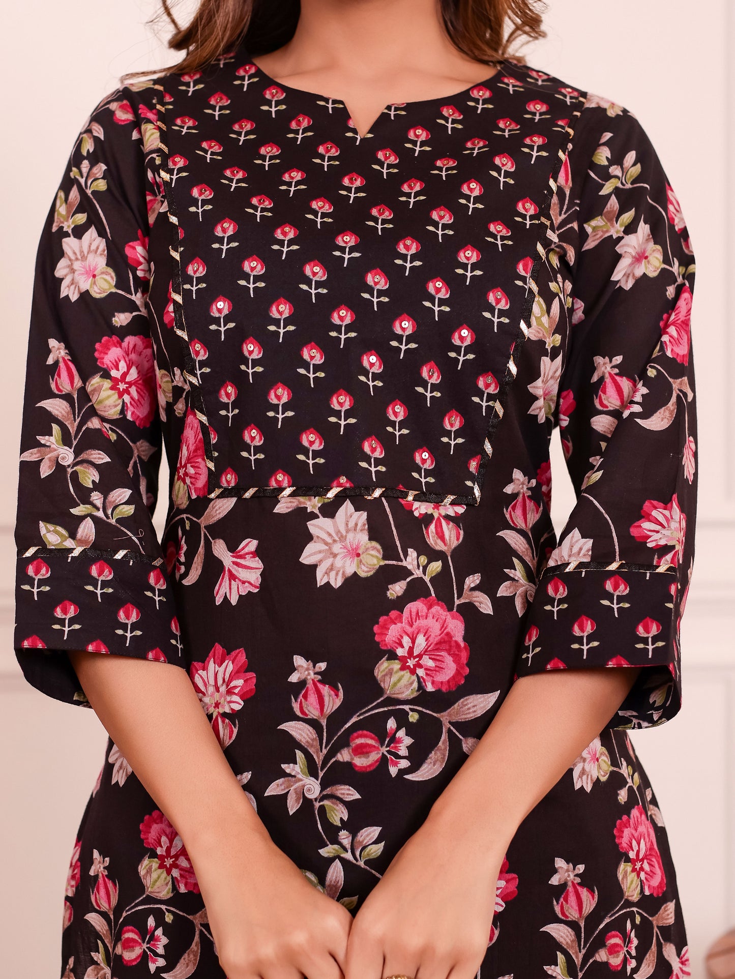 Embroidered Soft Cotton Floral Straight Black Kurta