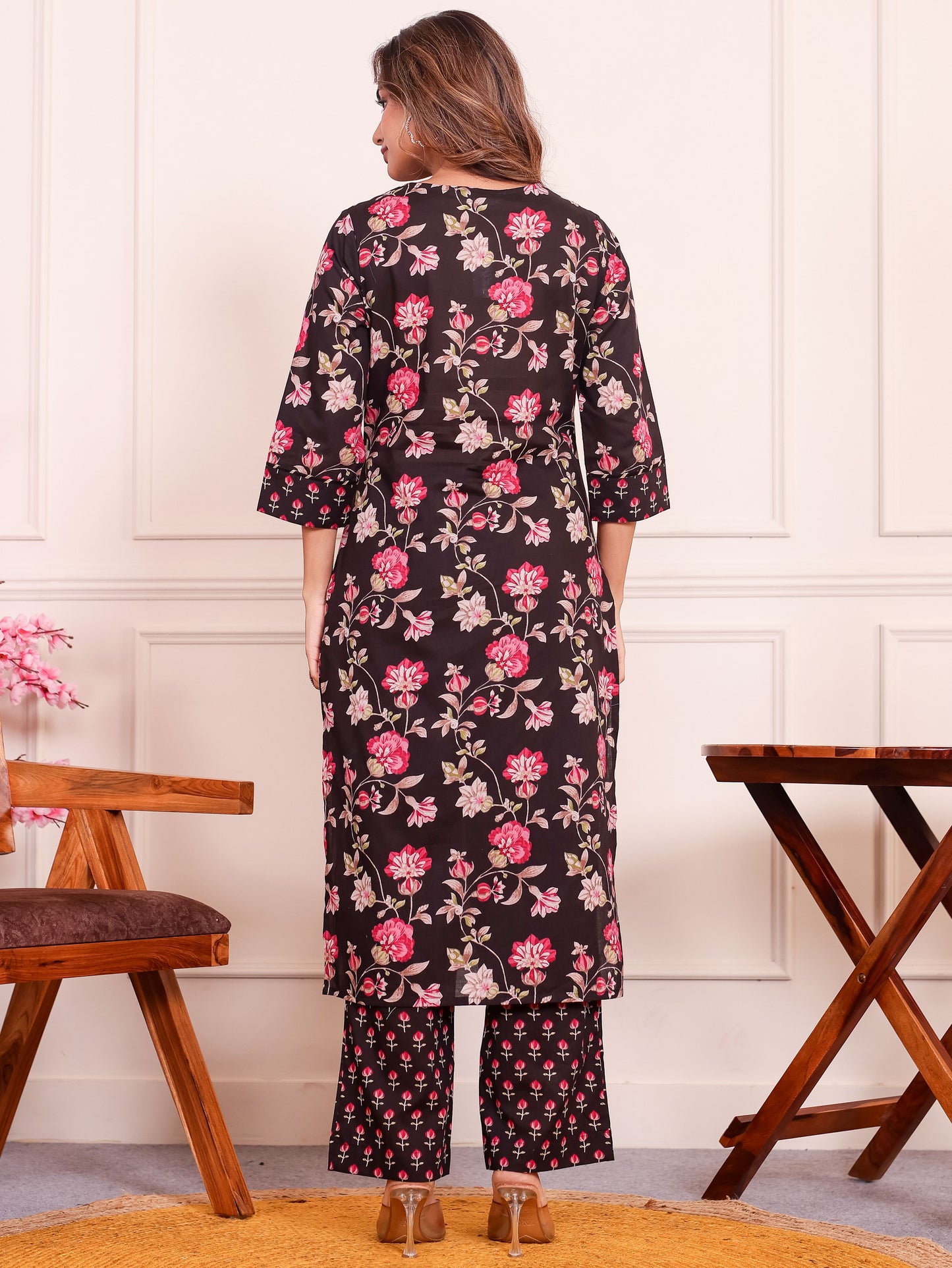 Embroidered Soft Cotton Floral Straight Black Kurta