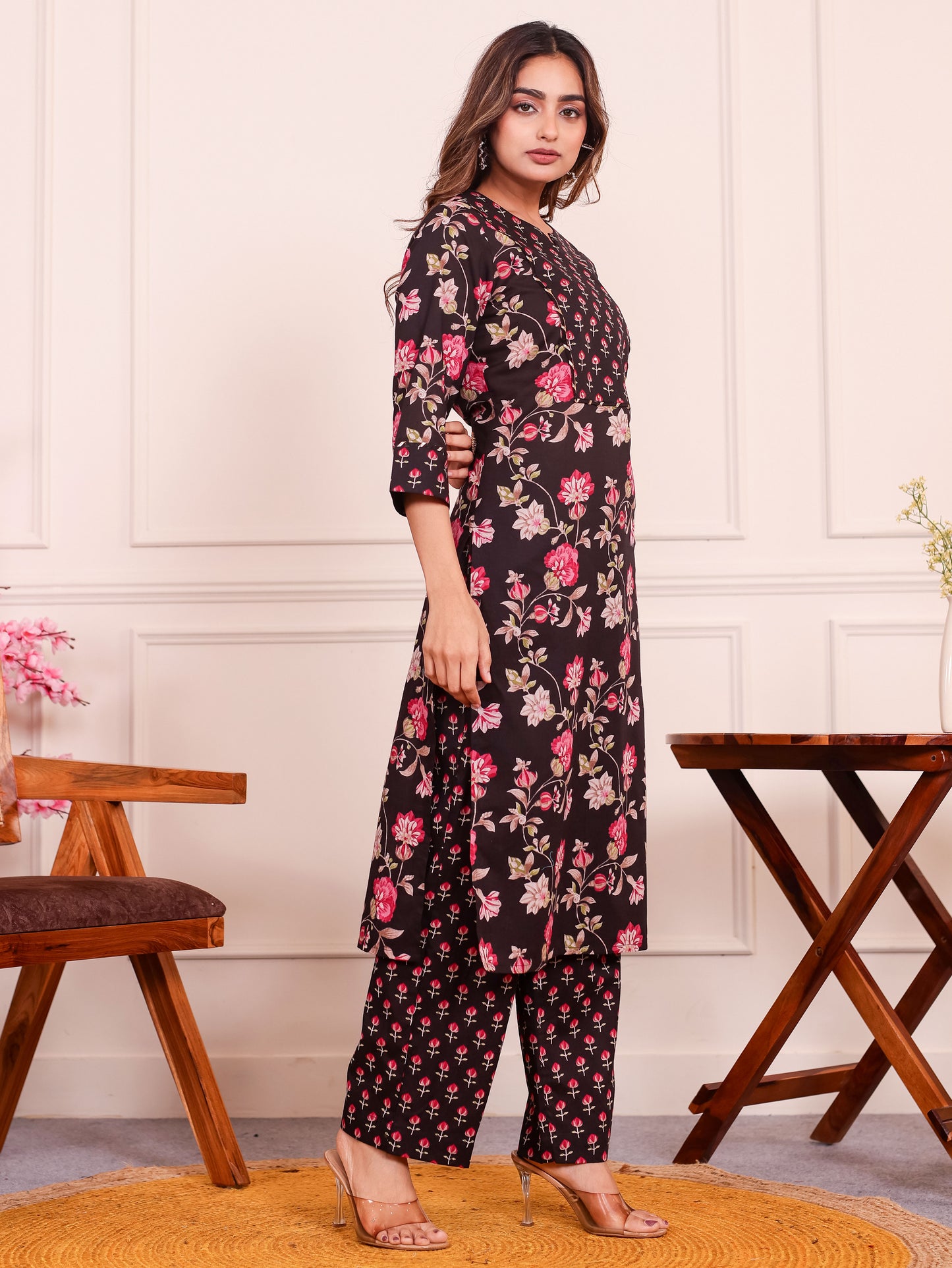 Embroidered Soft Cotton Floral Straight Black Kurta