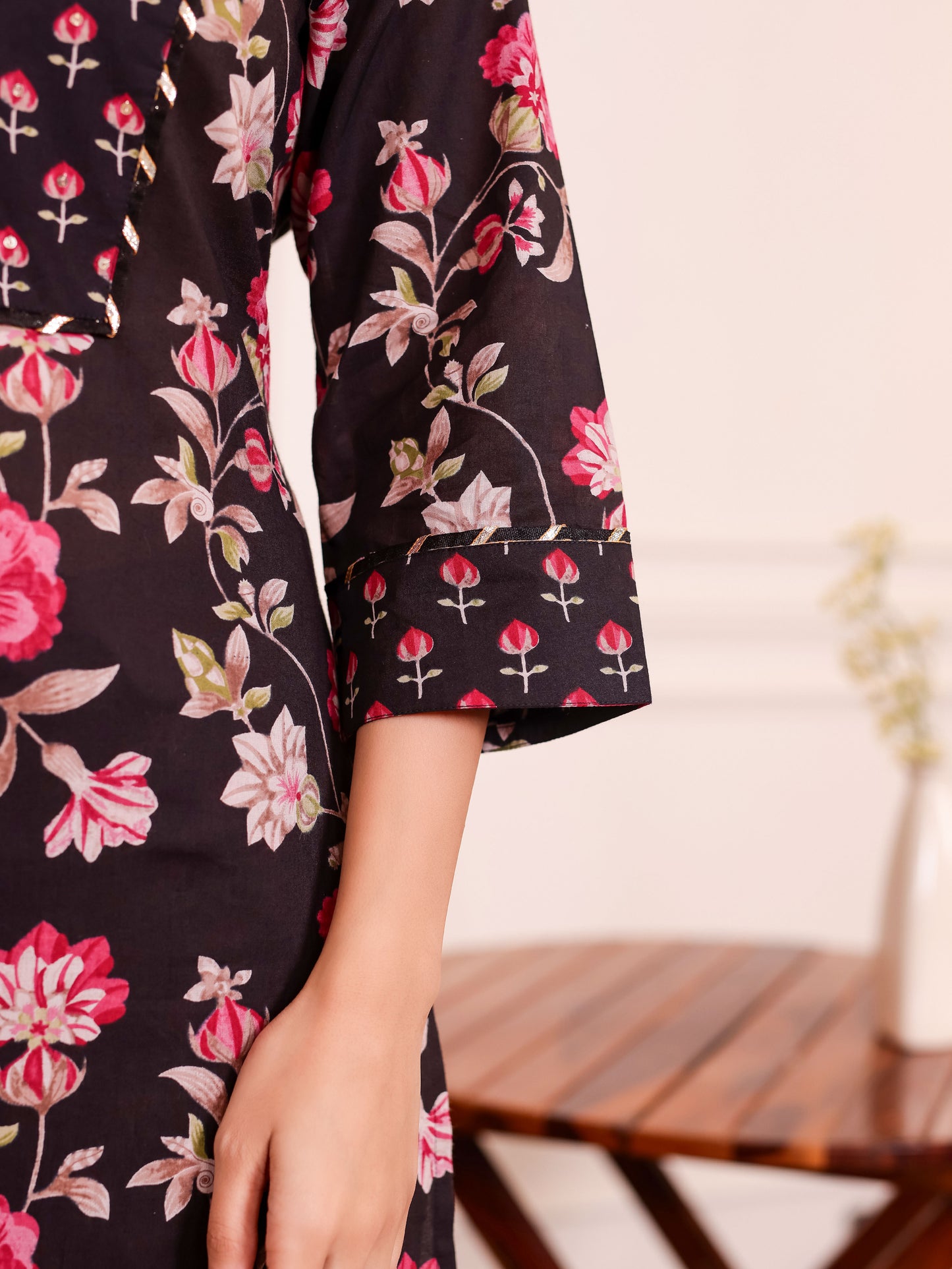 Embroidered Soft Cotton Floral Straight Black Kurta