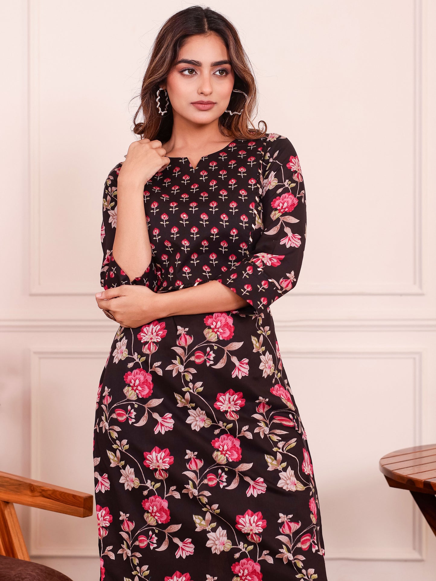 Embroidered Soft Cotton Floral Straight Black Kurta