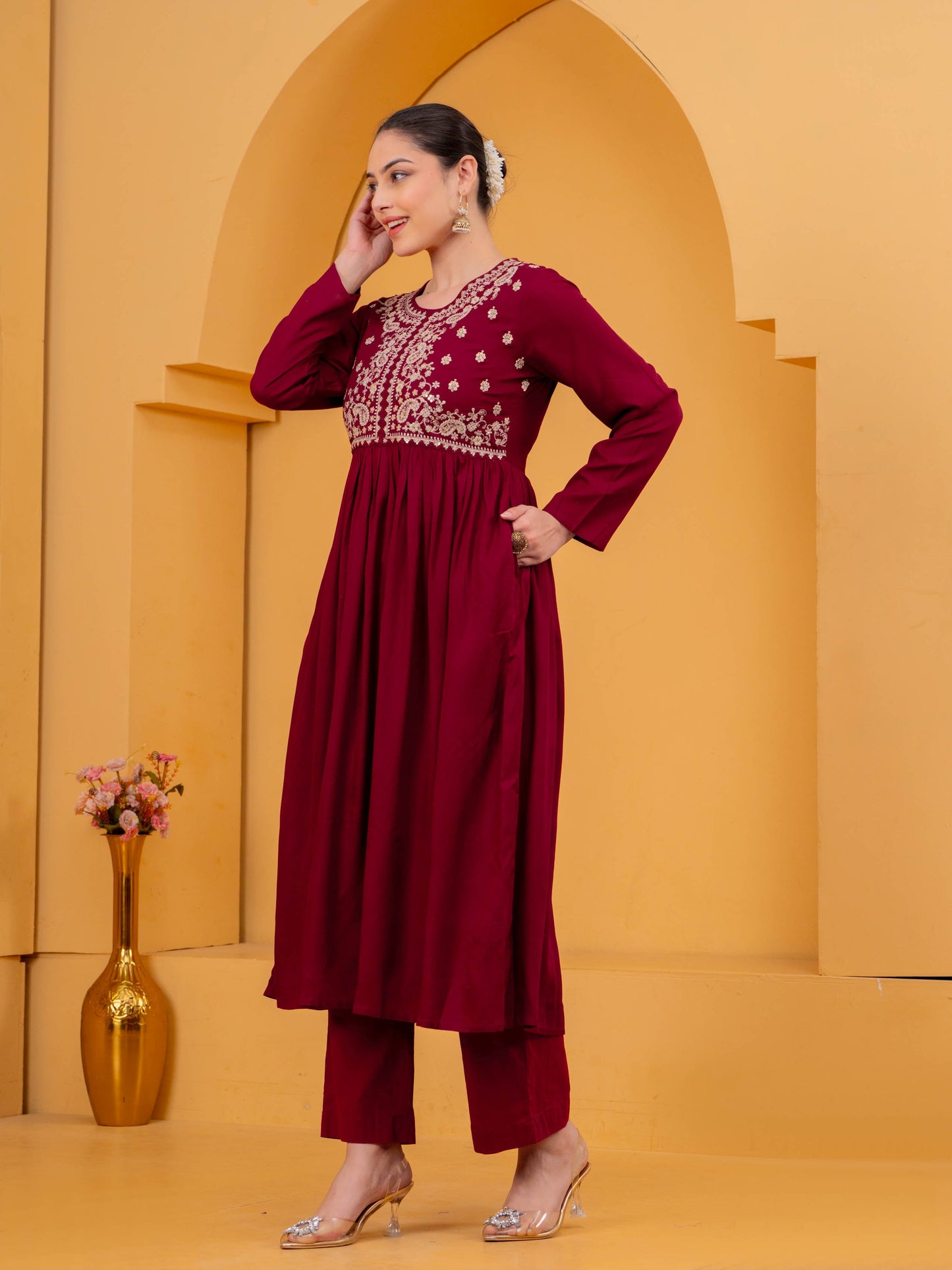 Embroidered Viscose Solid Flared Maroon Kurta