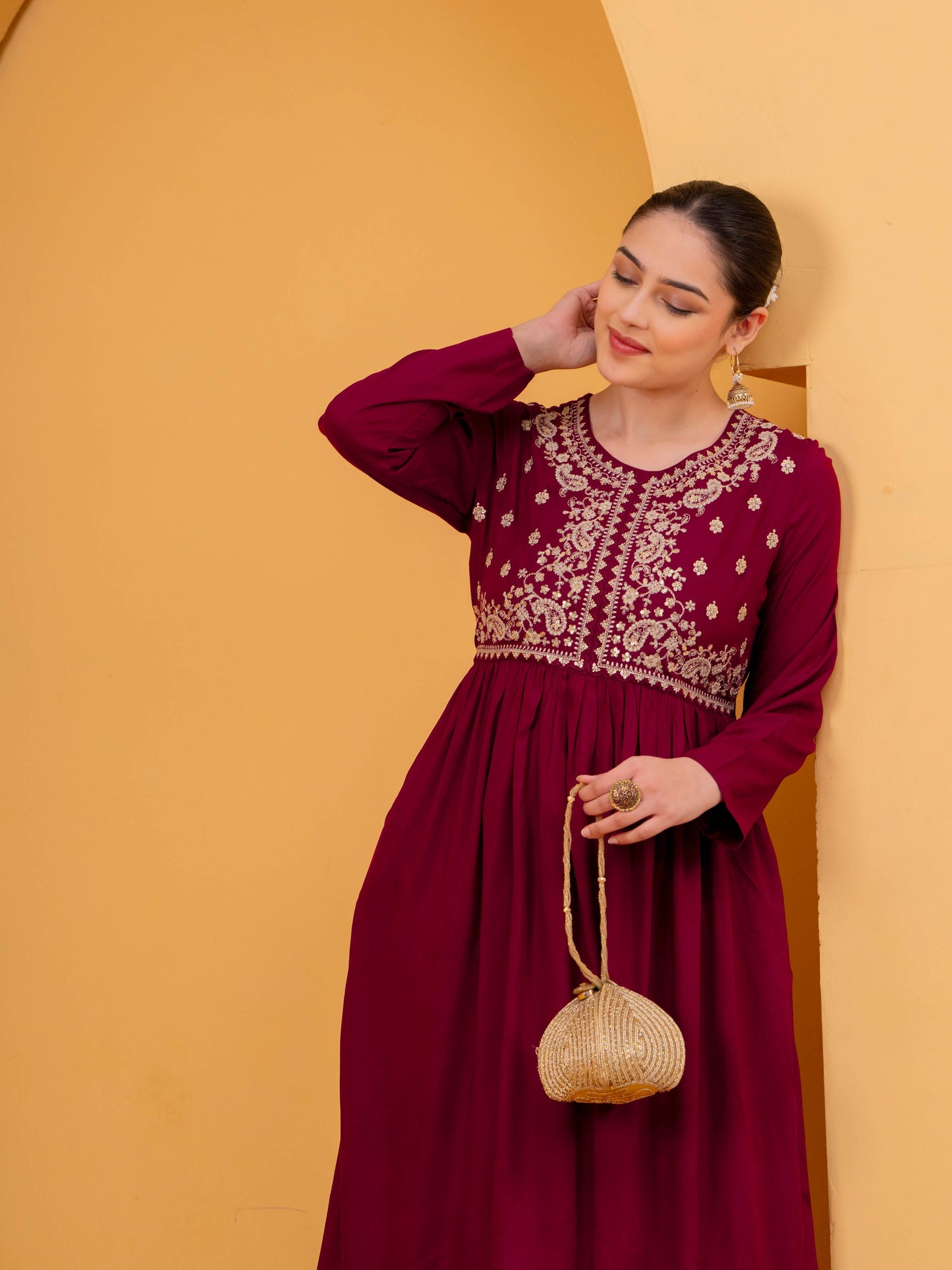 Embroidered Viscose Solid Flared Maroon Kurta