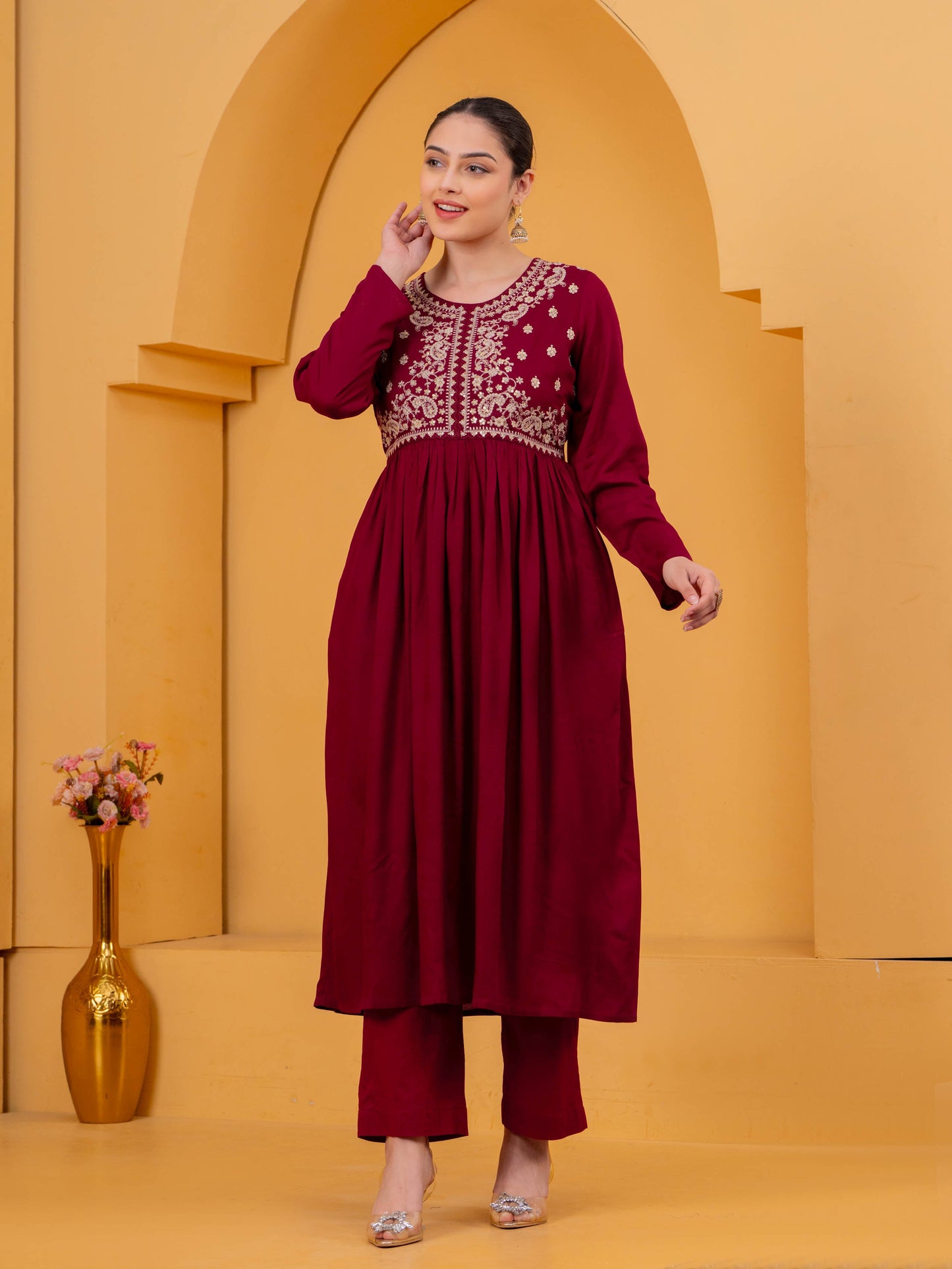 Embroidered Viscose Solid Flared Maroon Kurta