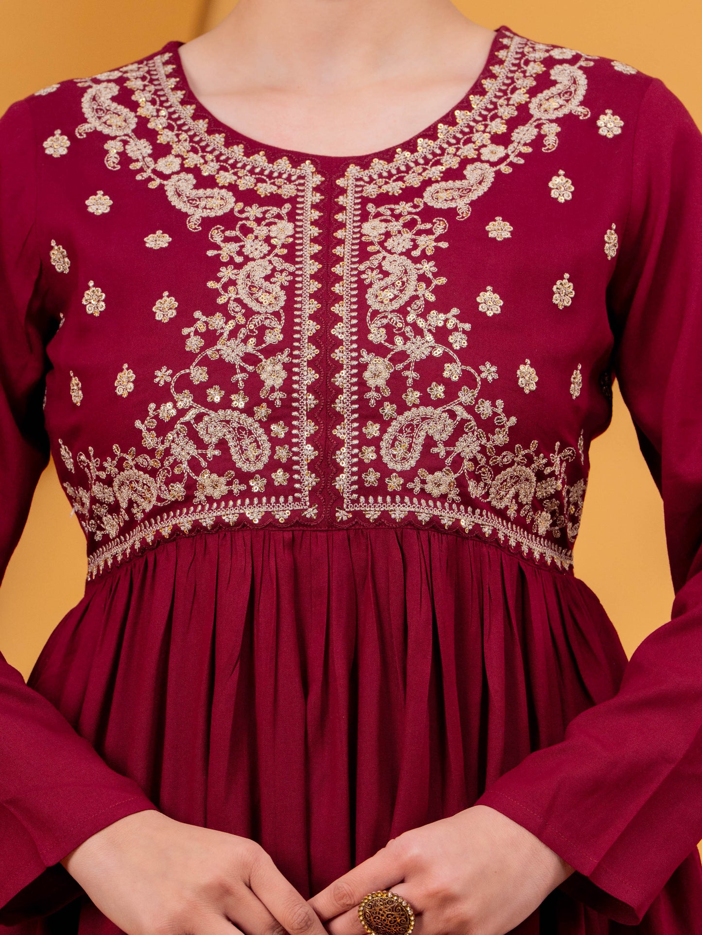 Embroidered Viscose Solid Flared Maroon Kurta
