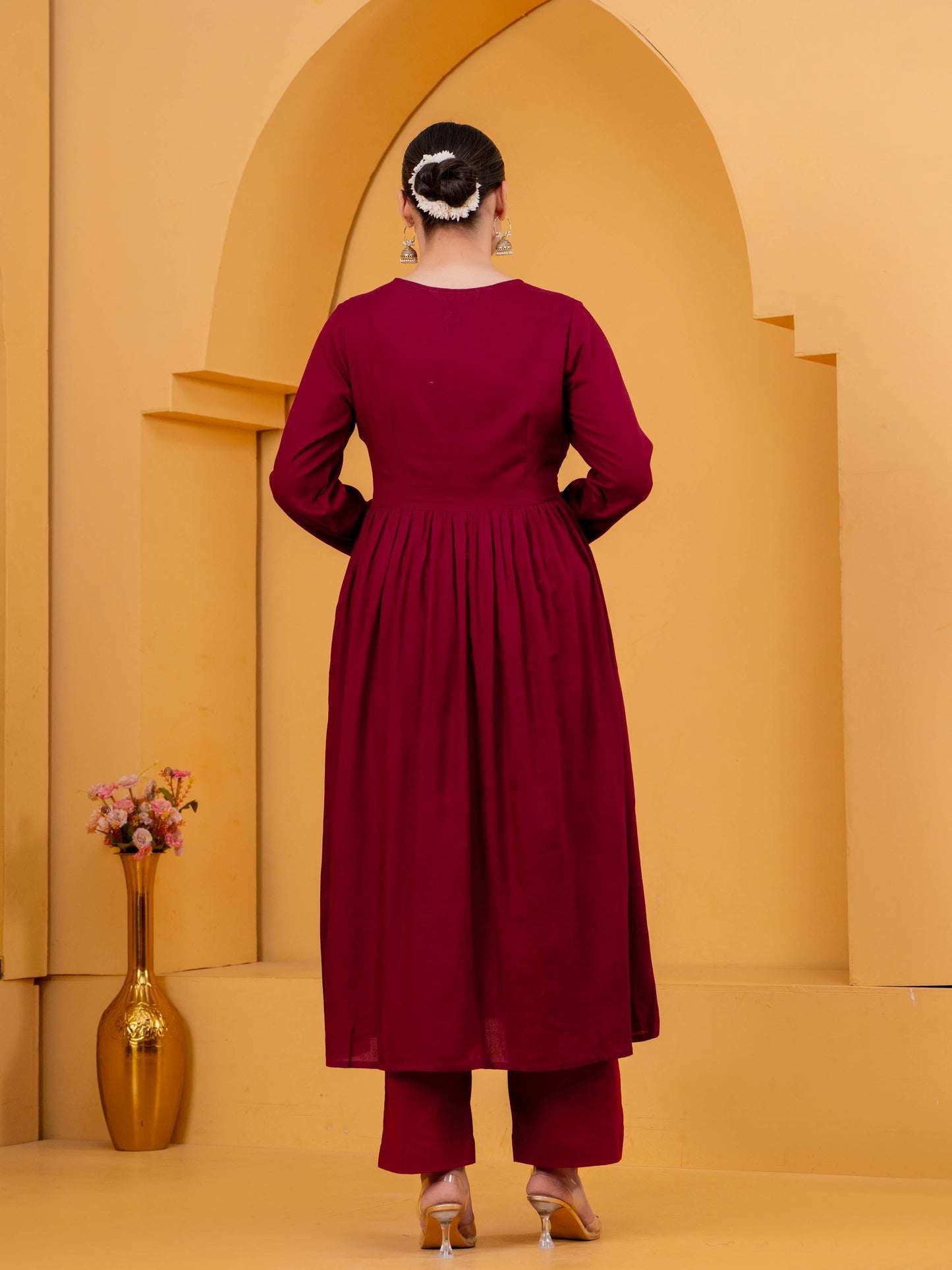 Embroidered Viscose Solid Flared Maroon Kurta