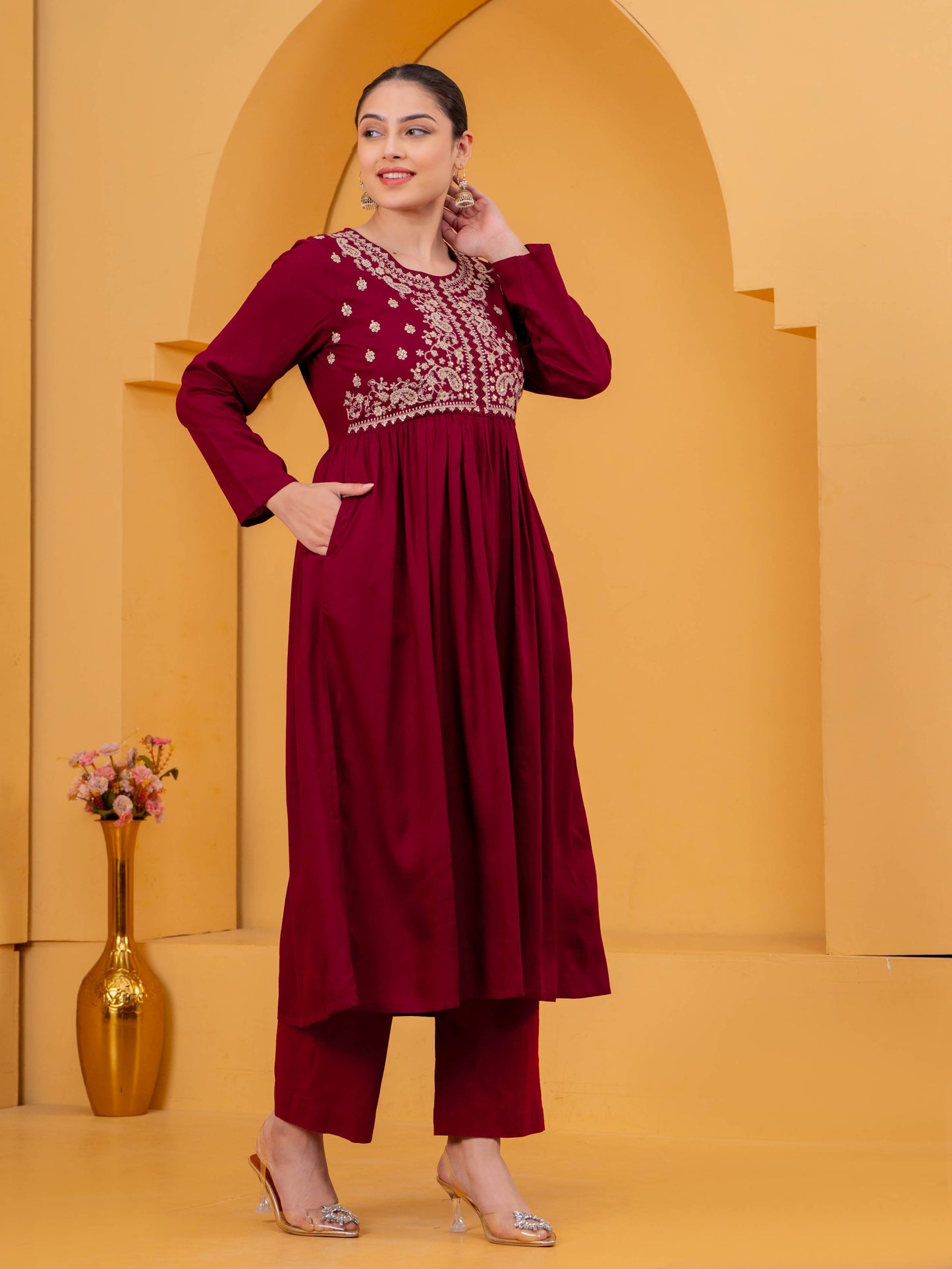 Embroidered Viscose Solid Flared Maroon Kurta