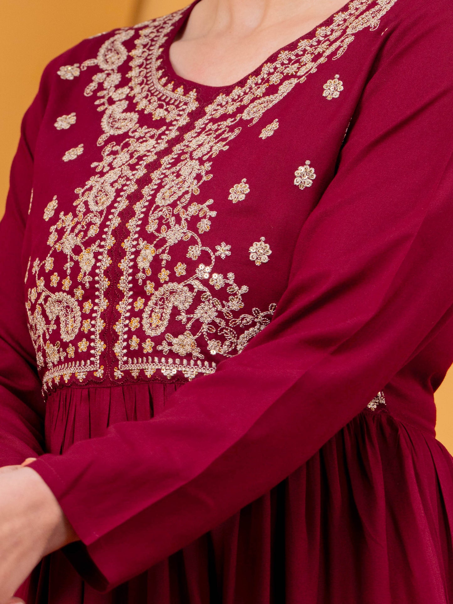 Embroidered Viscose Solid Flared Maroon Kurta