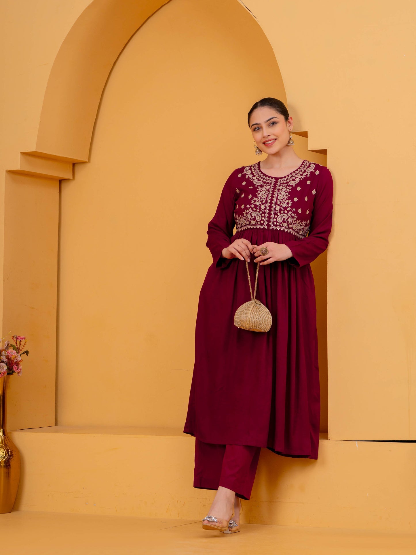 Embroidered Viscose Solid Flared Maroon Kurta