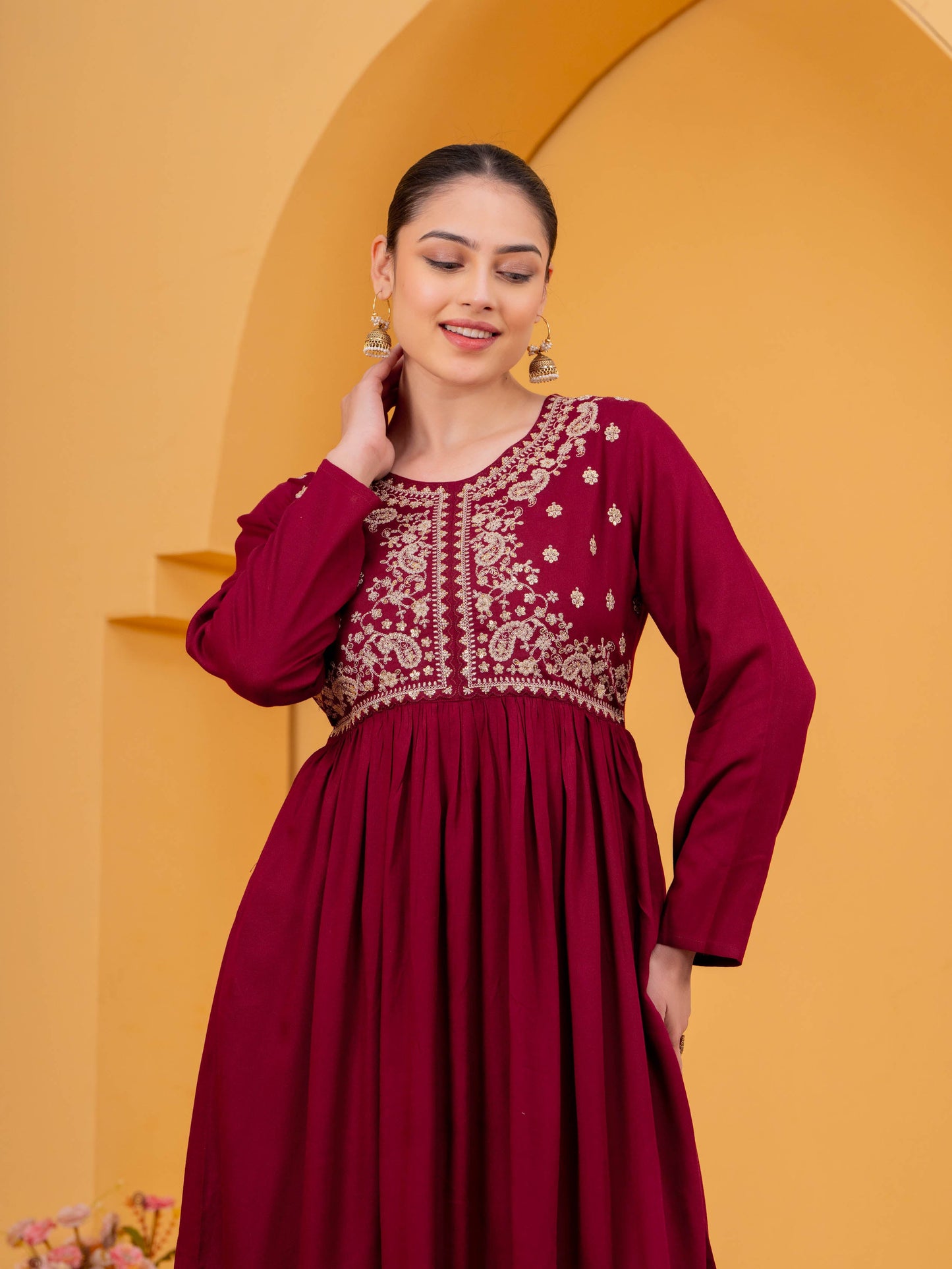 Embroidered Viscose Solid Flared Maroon Kurta