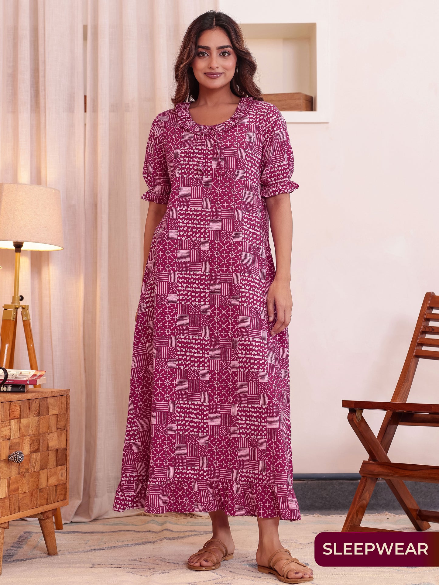 Soft Cotton Patchwork Flared Pink Nighty