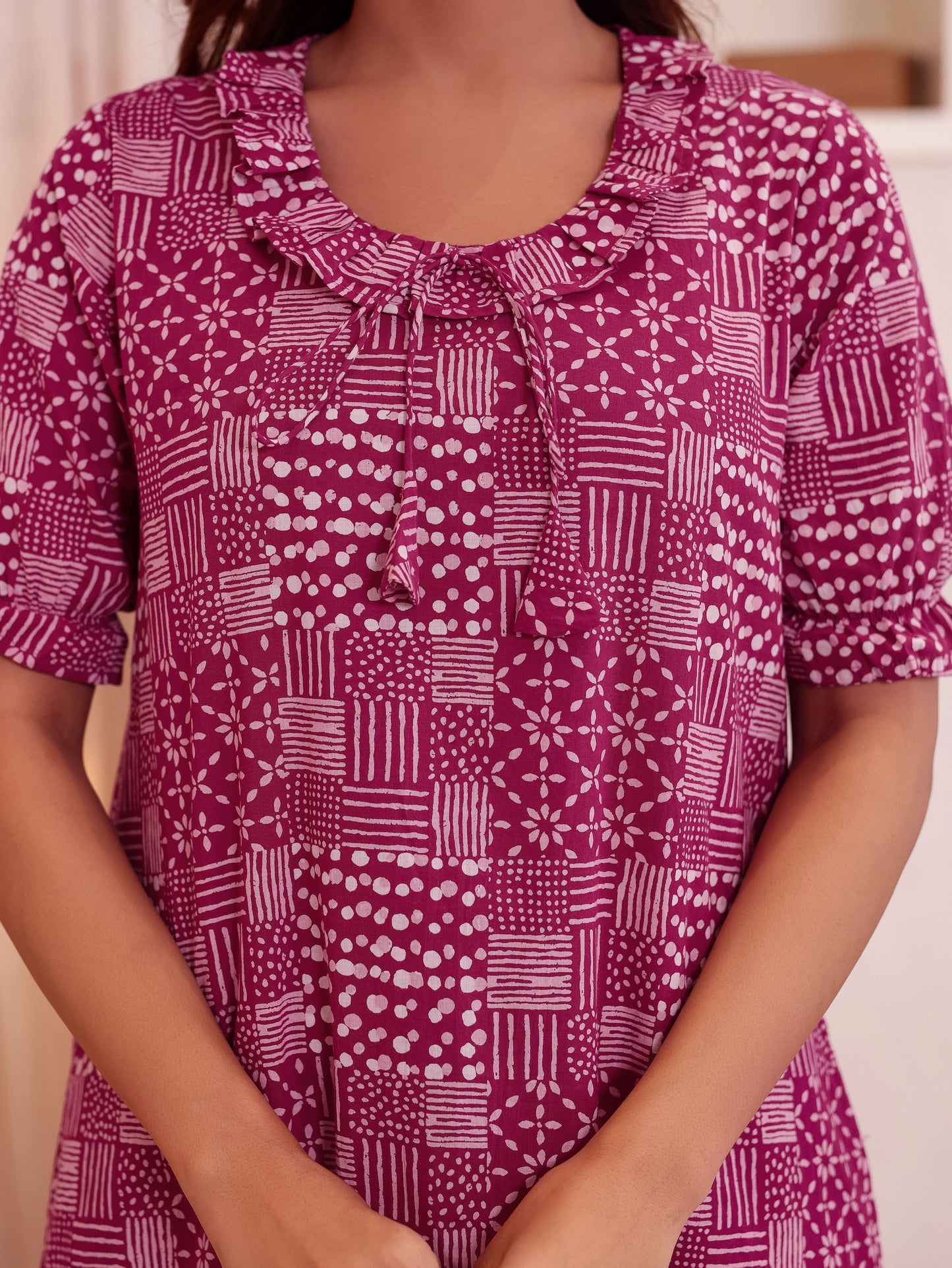 Soft Cotton Patchwork Flared Pink Nighty