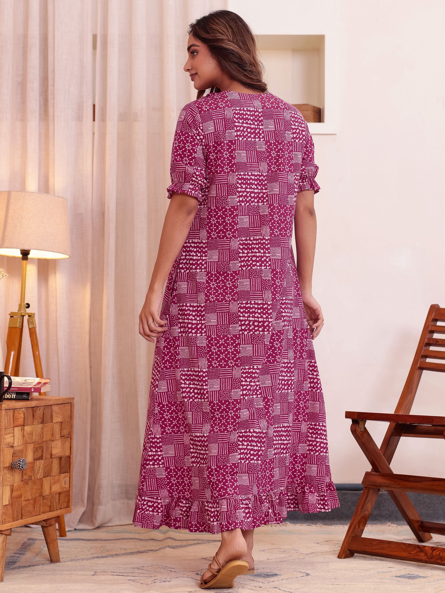 Soft Cotton Patchwork Flared Pink Nighty