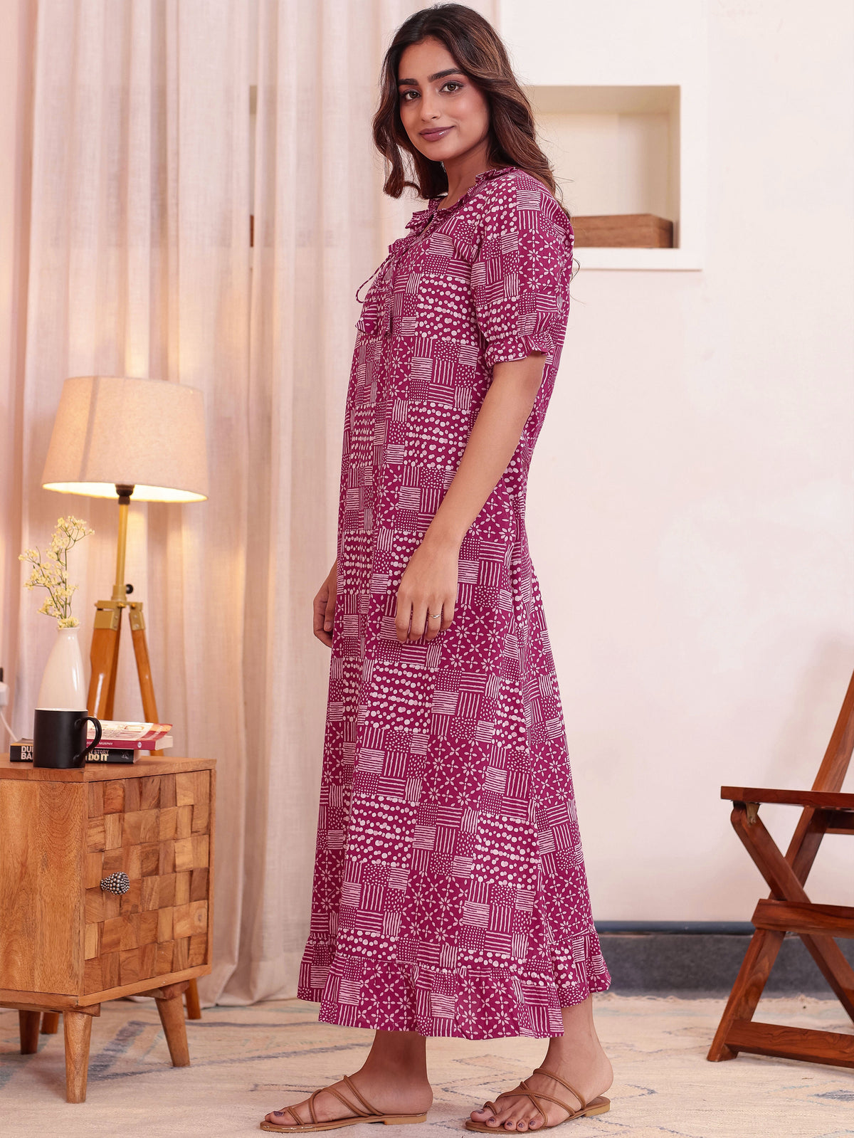 Soft Cotton Patchwork Flared Pink Nighty