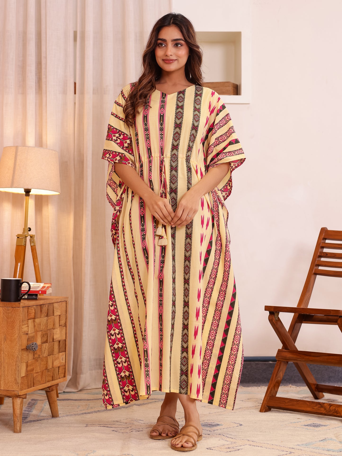 Soft Cotton Border print Kaftan Beige Nighty